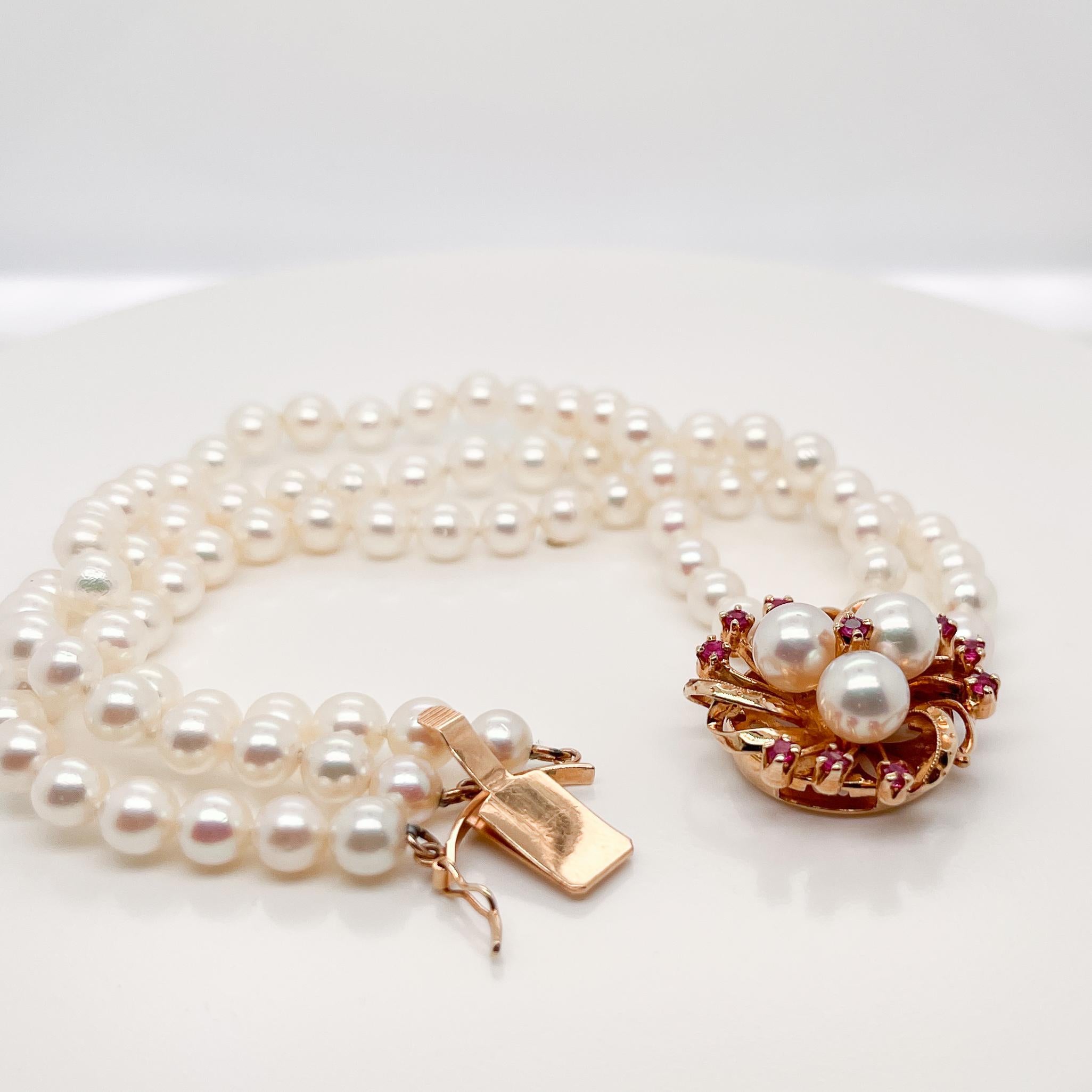 3-Strand Tasaki Akoya Pearl Bracelet with 14 Karat Gold & Ruby Clasp 1