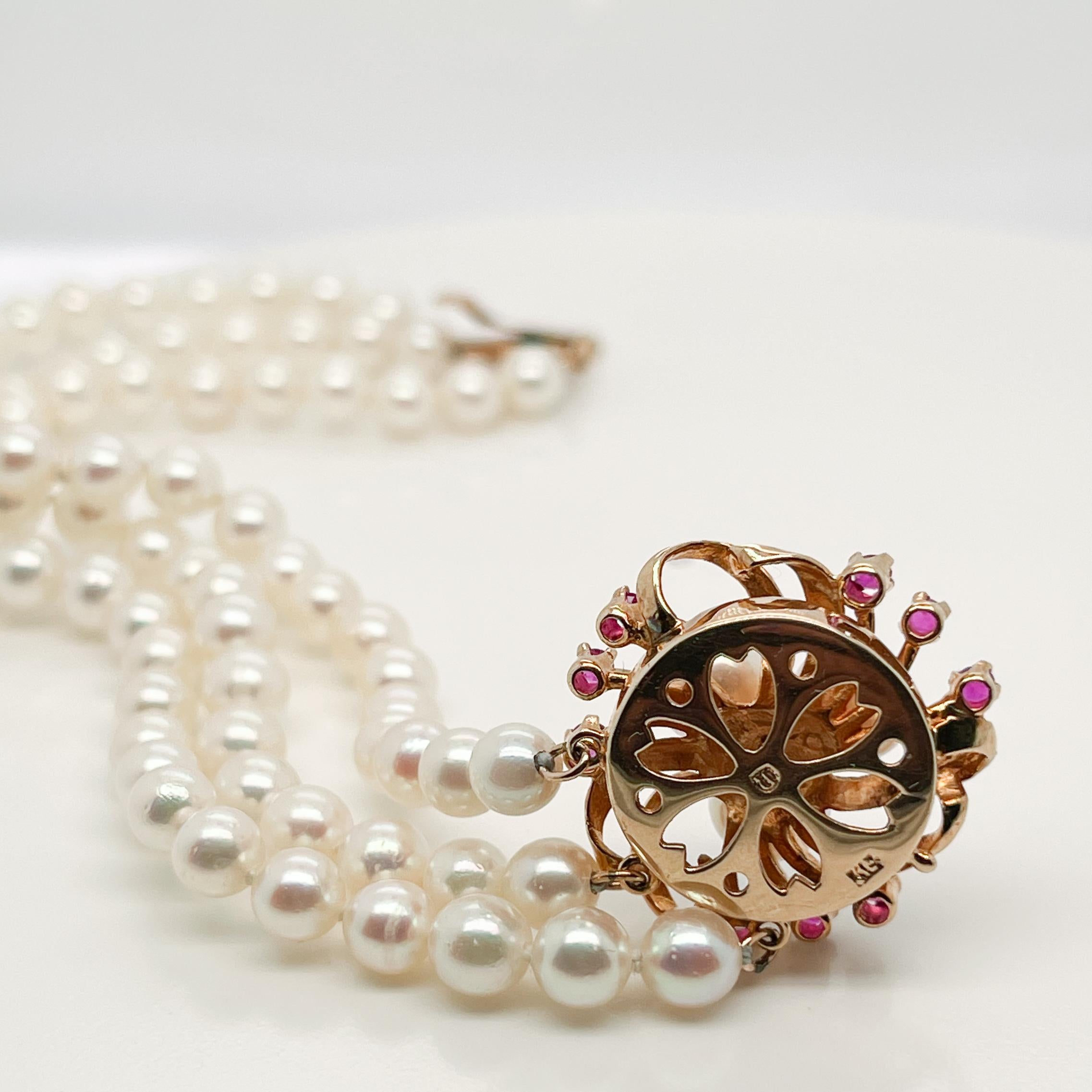 3-Strand Tasaki Akoya Pearl Bracelet with 14 Karat Gold & Ruby Clasp 2