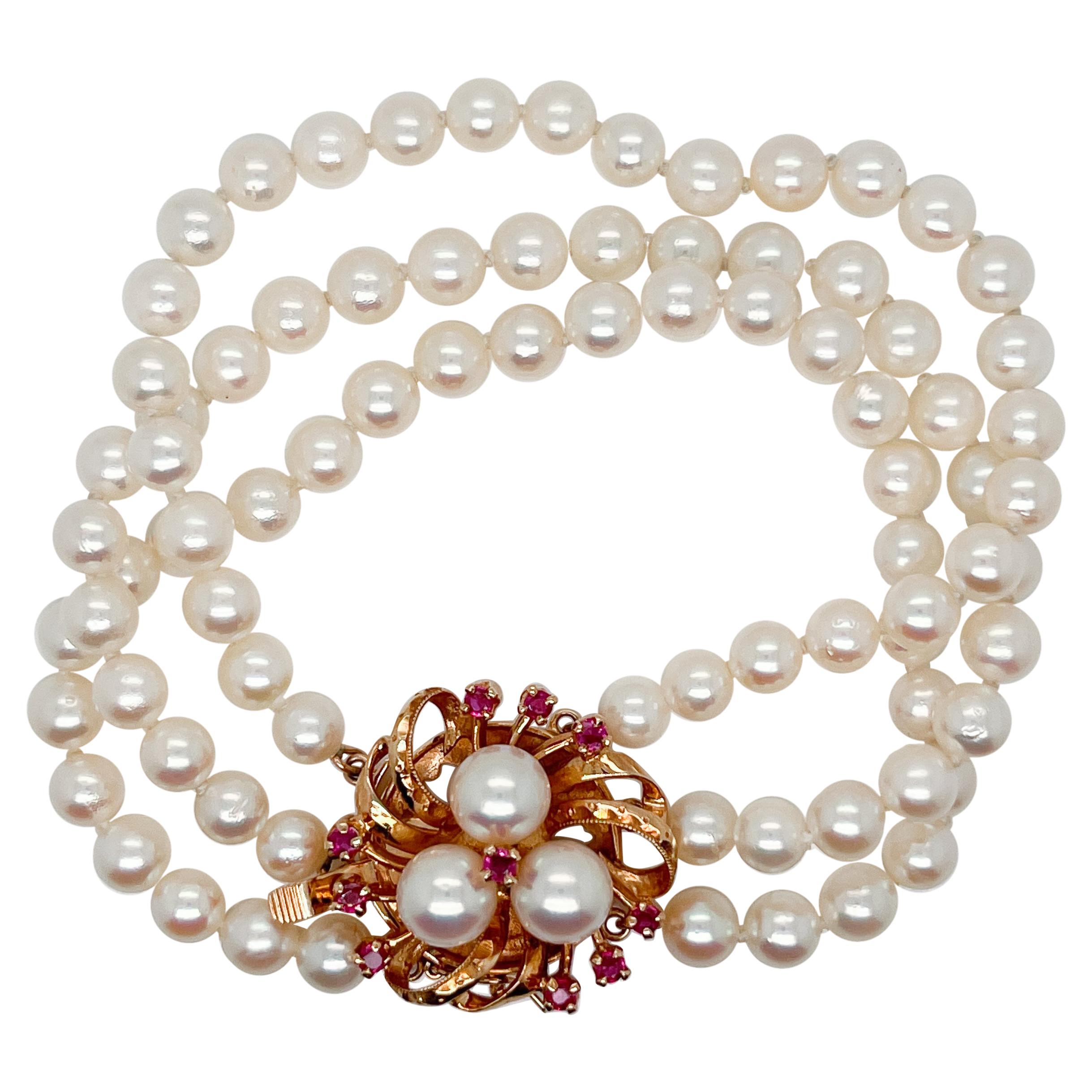 3-Strand Tasaki Akoya Pearl Bracelet with 14 Karat Gold & Ruby Clasp
