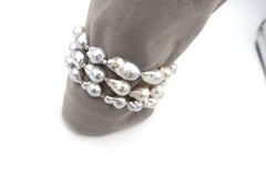 3-Stranded Baby Baroque Silvery White South Sea Pearl Diamond 18k Gold Bracelet
