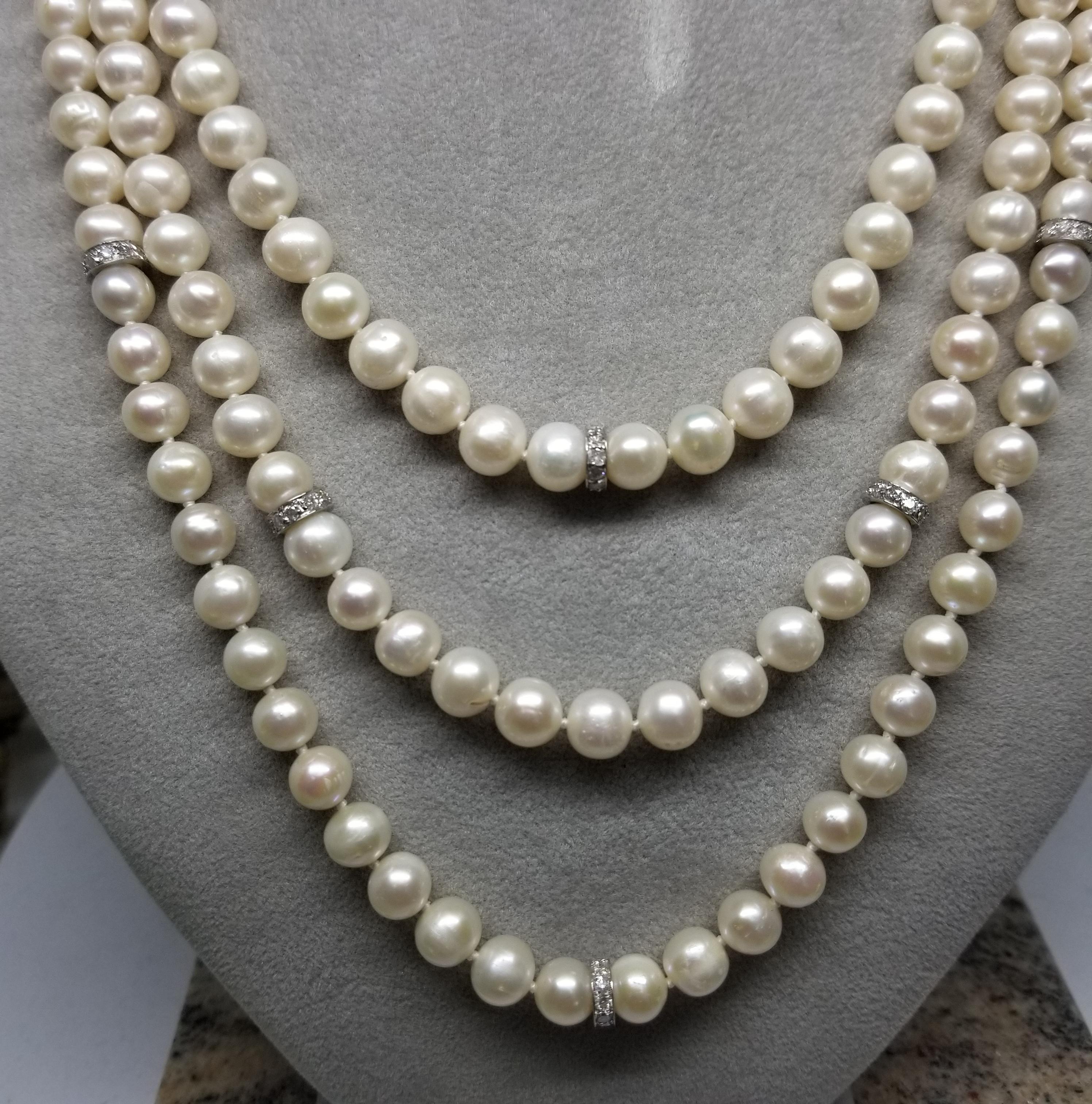 3 Strands of Fresh Water Cultured Pearls with 14k Diamond Rondles at ...