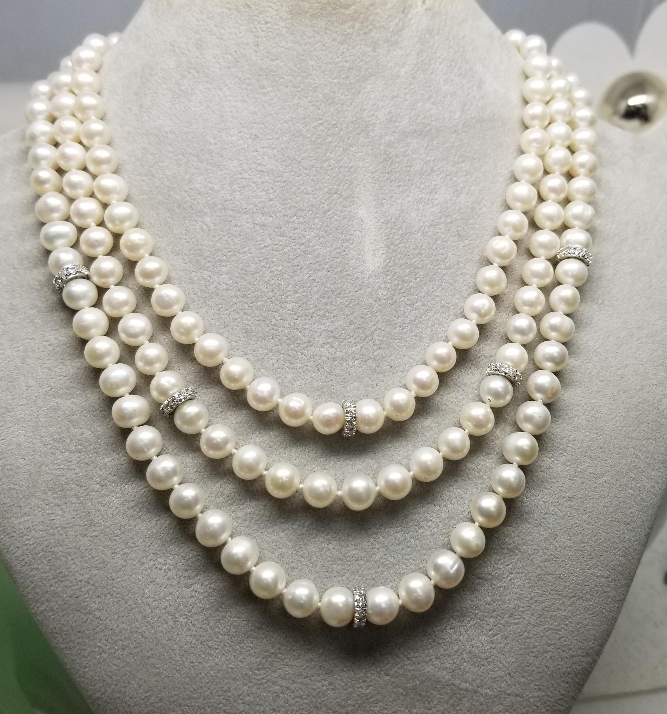 Contemporary 3 Strands of Fresh Water Cultured Pearls with 14k Diamond 2.16cts. Rondles For Sale