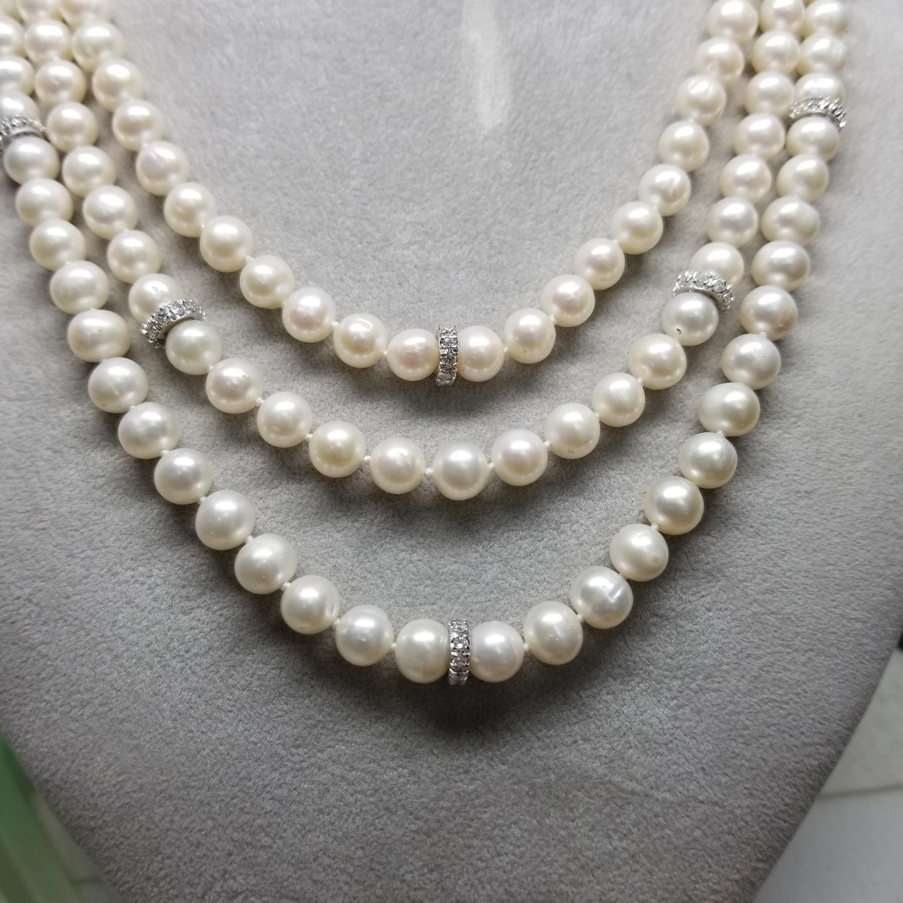 Round Cut 3 Strands of Fresh Water Cultured Pearls with 14k Diamond 2.16cts. Rondles For Sale