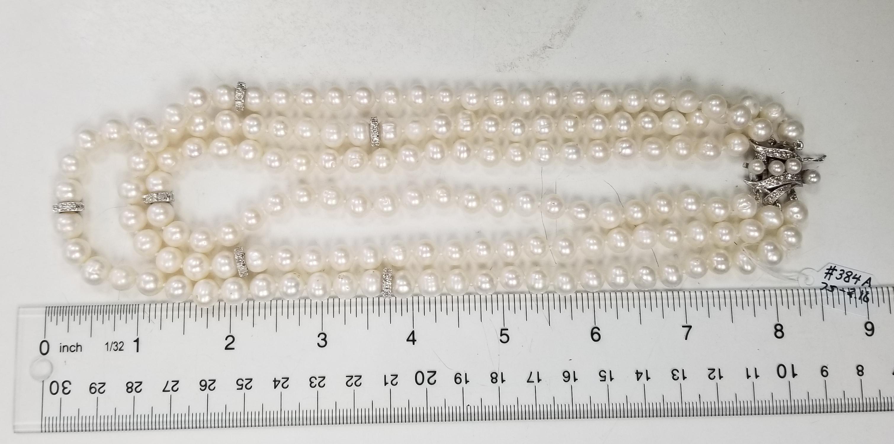 3 Strands of Fresh Water Cultured Pearls with 14k Diamond 2.16cts. Rondles In New Condition For Sale In Los Angeles, CA