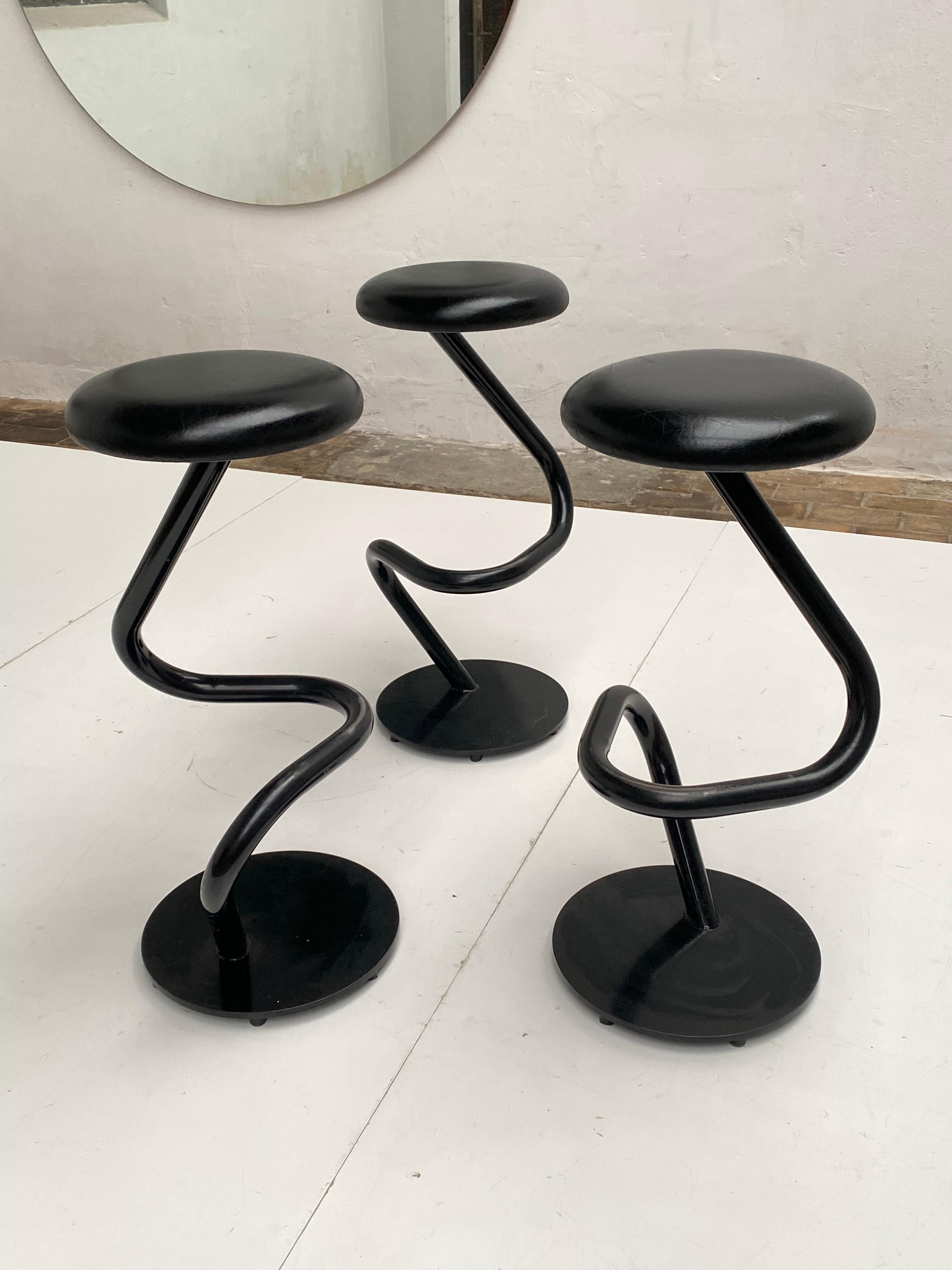 Post-Modern 3 Sturdy Swiss Made Heavy Quality Black Leather & Steel High Bar Stools, 1980s For Sale