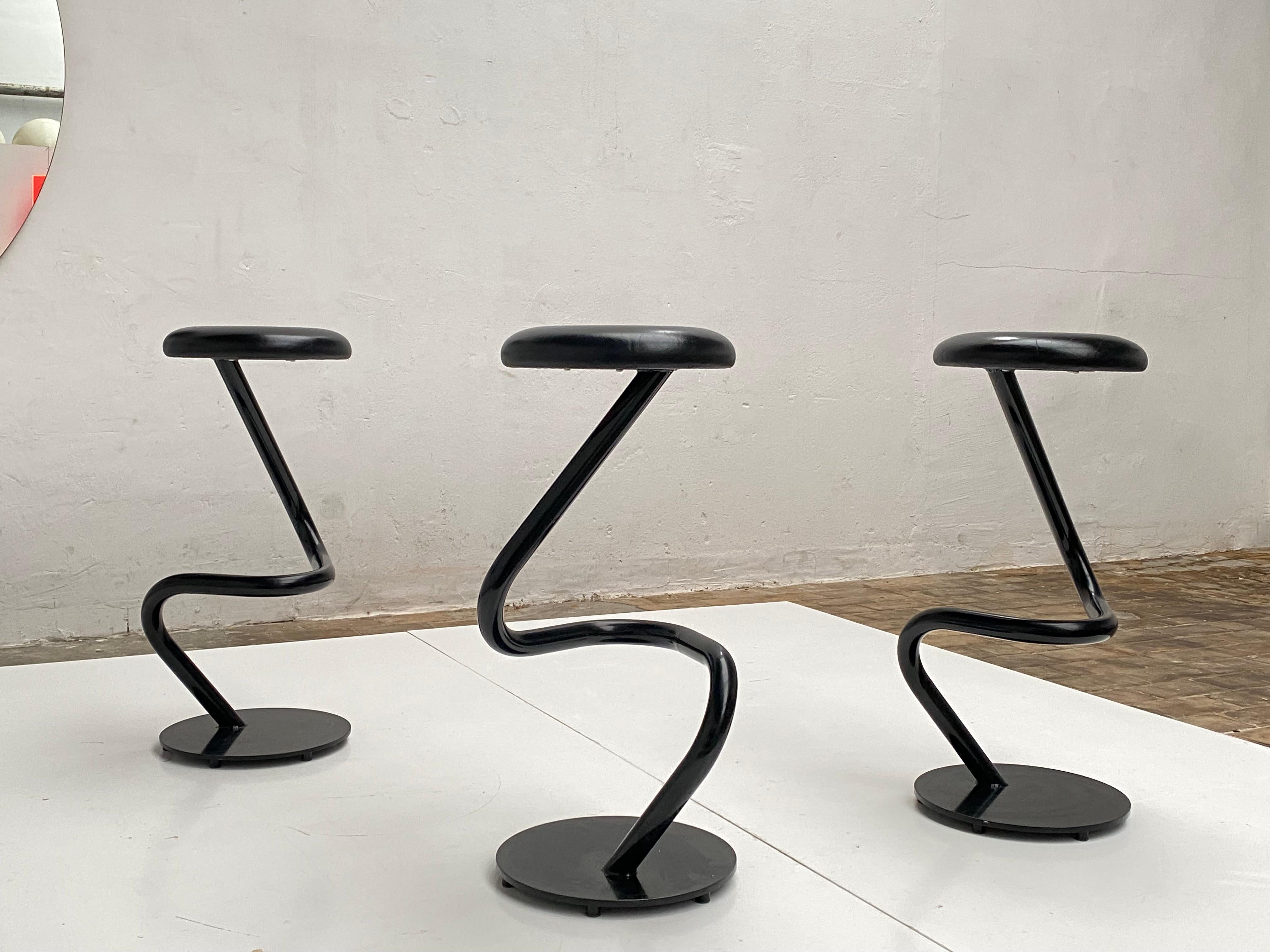Welded 3 Sturdy Swiss Made Heavy Quality Black Leather & Steel High Bar Stools, 1980s For Sale