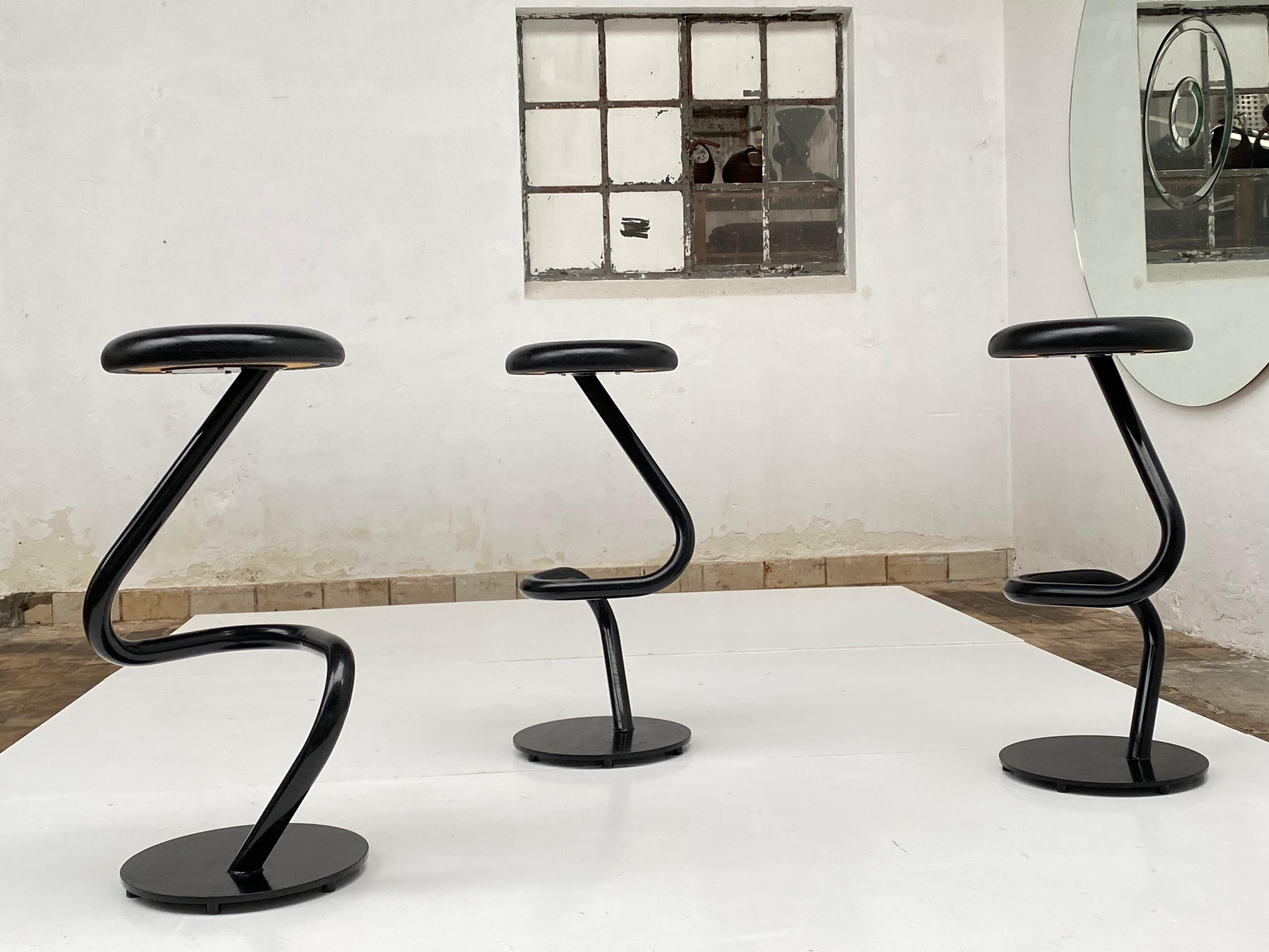 3 Sturdy Swiss Made Heavy Quality Black Leather & Steel High Bar Stools, 1980s In Good Condition For Sale In bergen op zoom, NL
