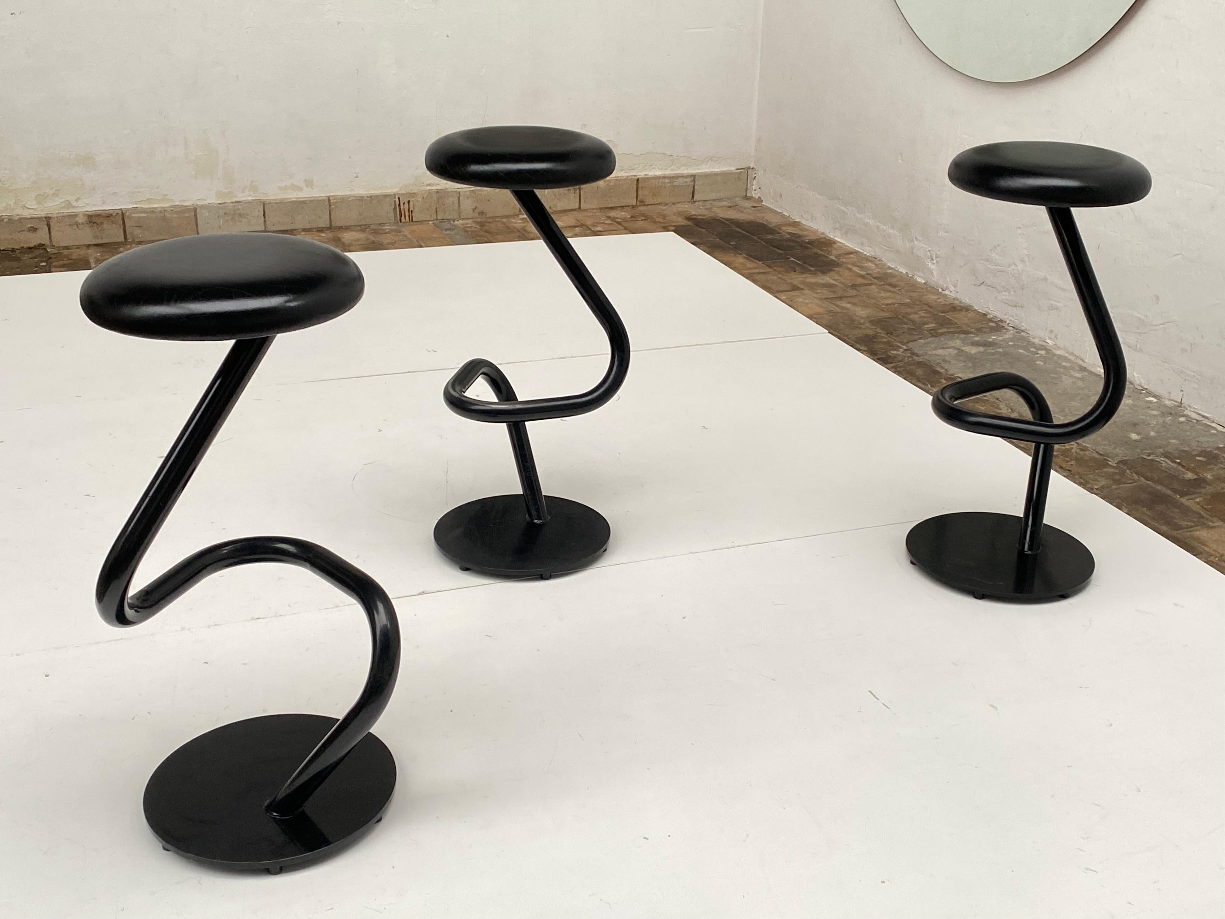 3 Sturdy Swiss Made Heavy Quality Black Leather & Steel High Bar Stools, 1980s For Sale 1