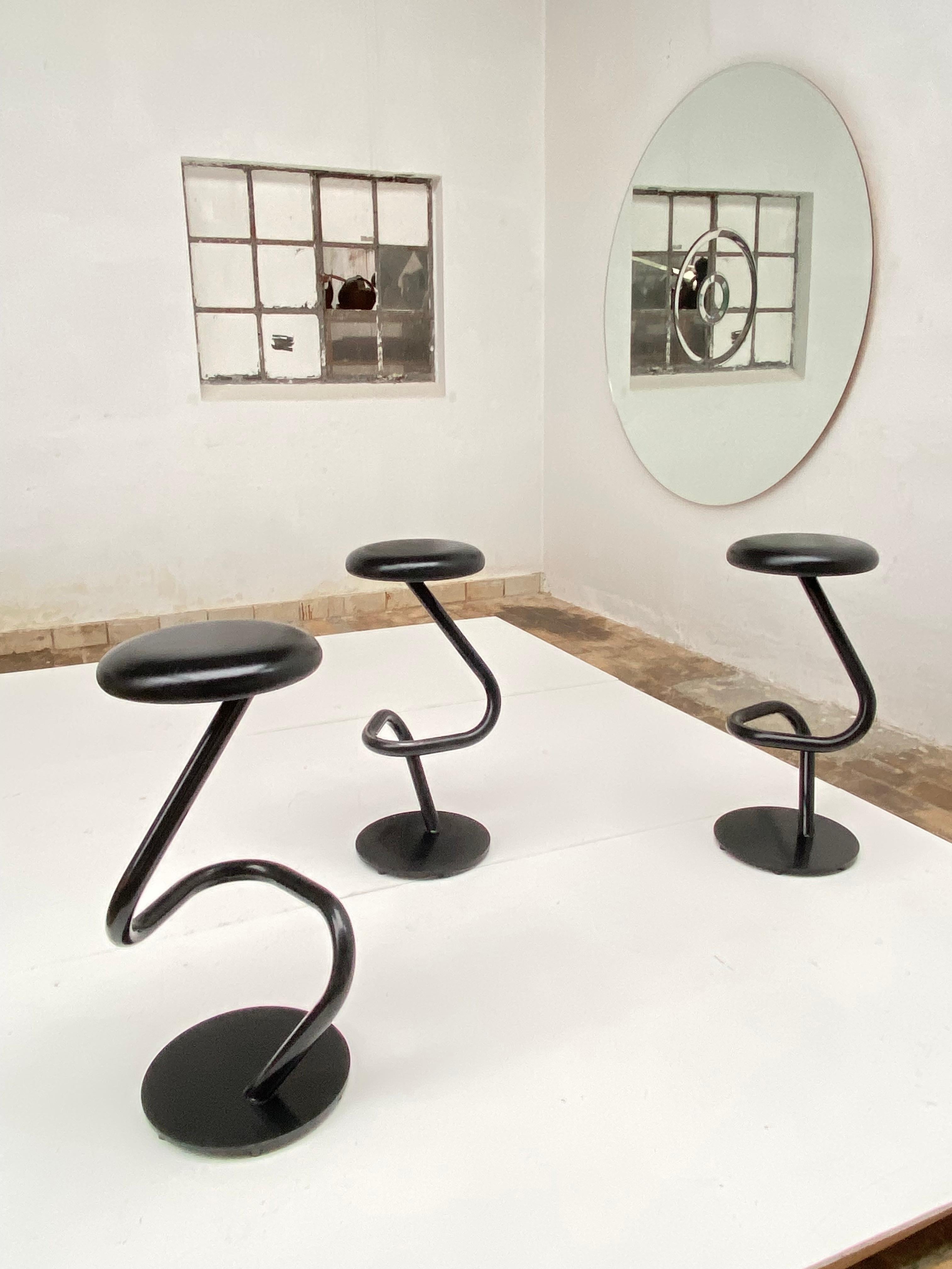 3 Sturdy Swiss Made Heavy Quality Black Leather & Steel High Bar Stools, 1980s For Sale 3