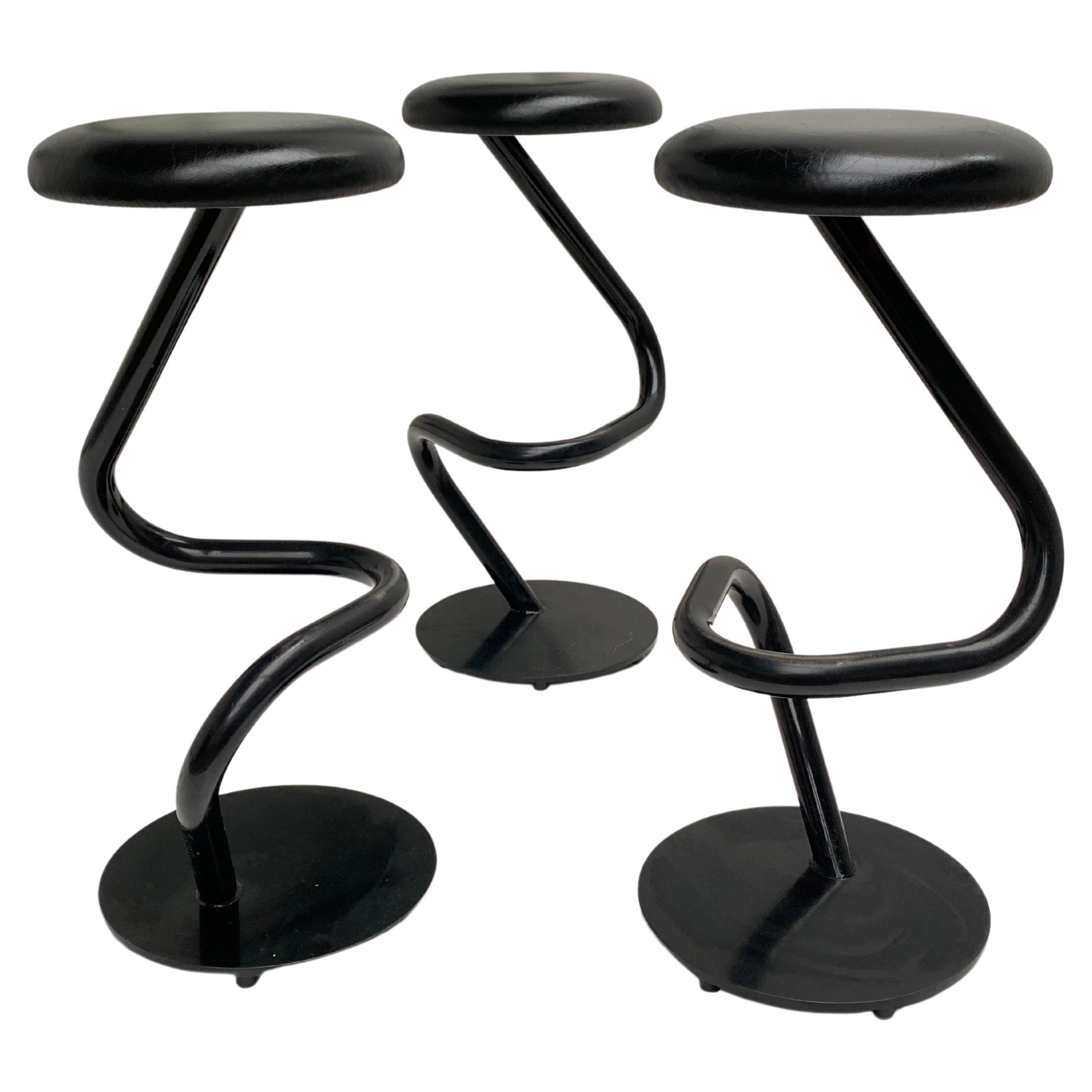 3 Sturdy Swiss Made Heavy Quality Black Leather & Steel High Bar Stools, 1980s For Sale