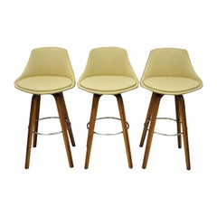 3 Swivel Mid-Century Modern Danish Style Bentwood Upholstered Bar Stools