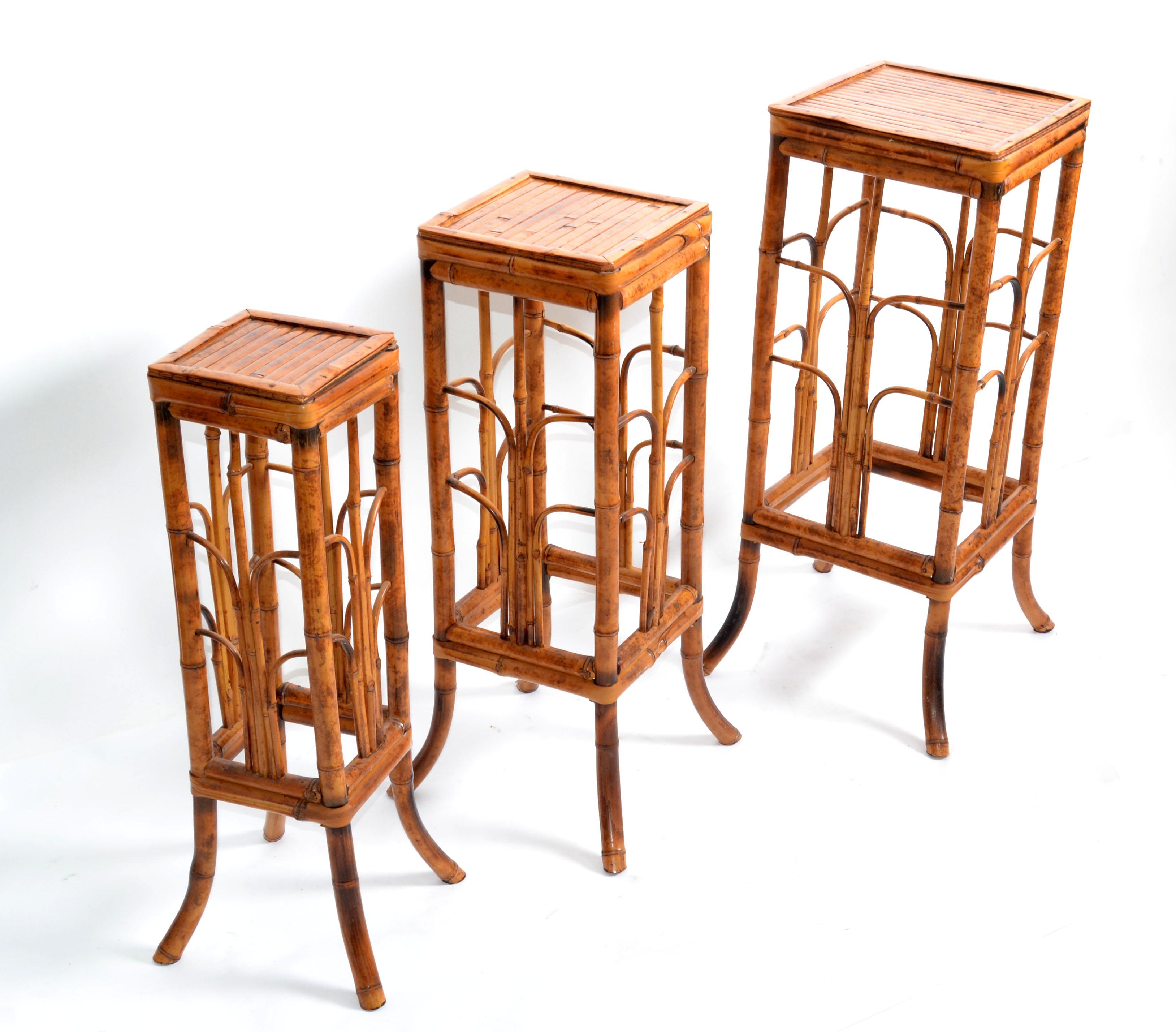 We offer a set of 3 tall Asian Modern handwoven wicker, rattan & bamboo pedestal, plant stand or end table.
Great for your Florida sunroom.
Size of each table:
12 D x 12 L x 31 inches H.
9.5 D x 9.5 L x 28.5 inches H.
7.5 D x 7.5 L x 26.5