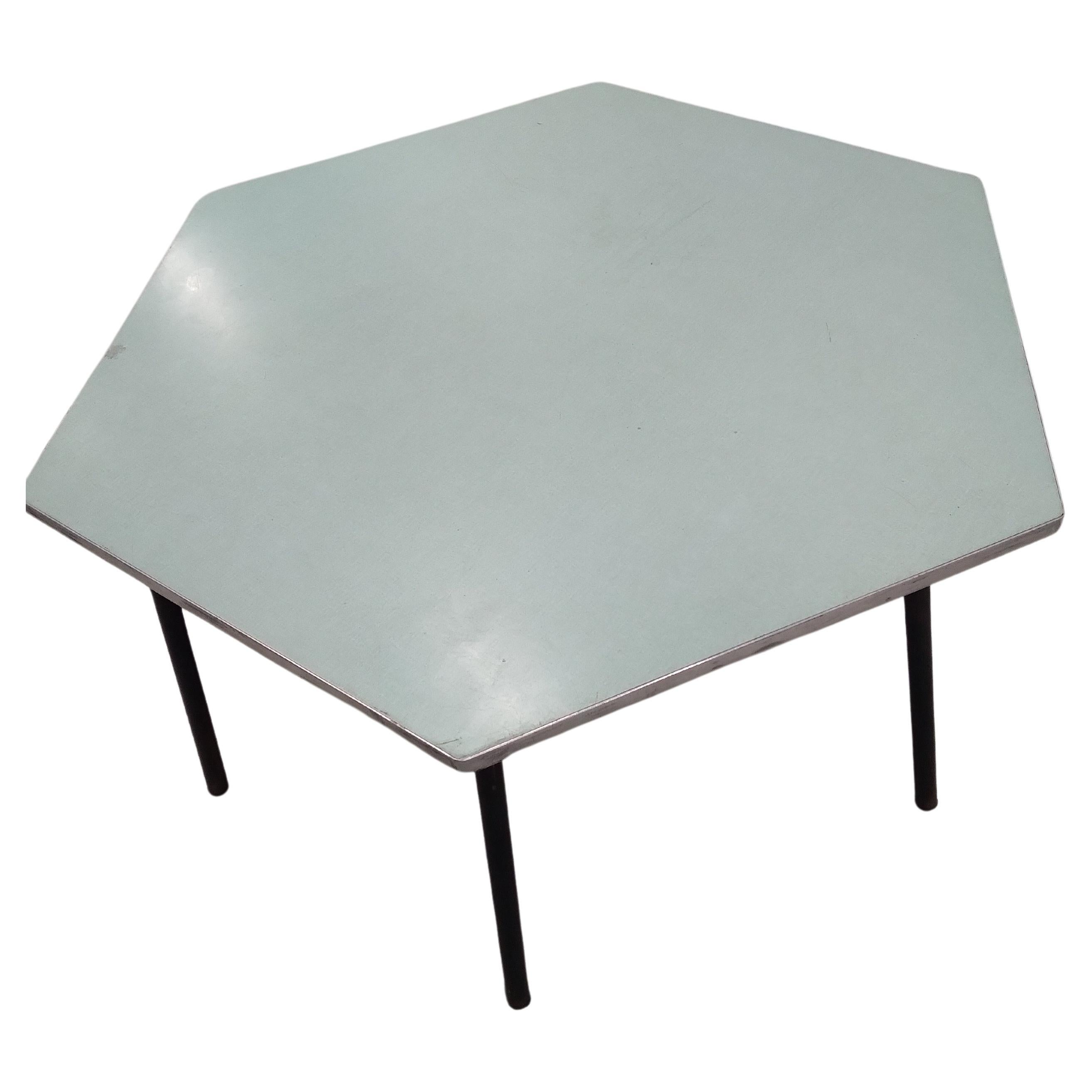 Set of 3 Low Tables of hexagonal shape. Coffee Table. 
Italian Work 1960 . Light green hexagonal formica top with metal legs .
