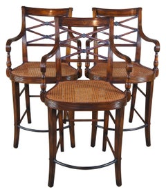 3 Theodore Alexander Flamed Mahogany X Back Caned Regency Counter Bar Stools