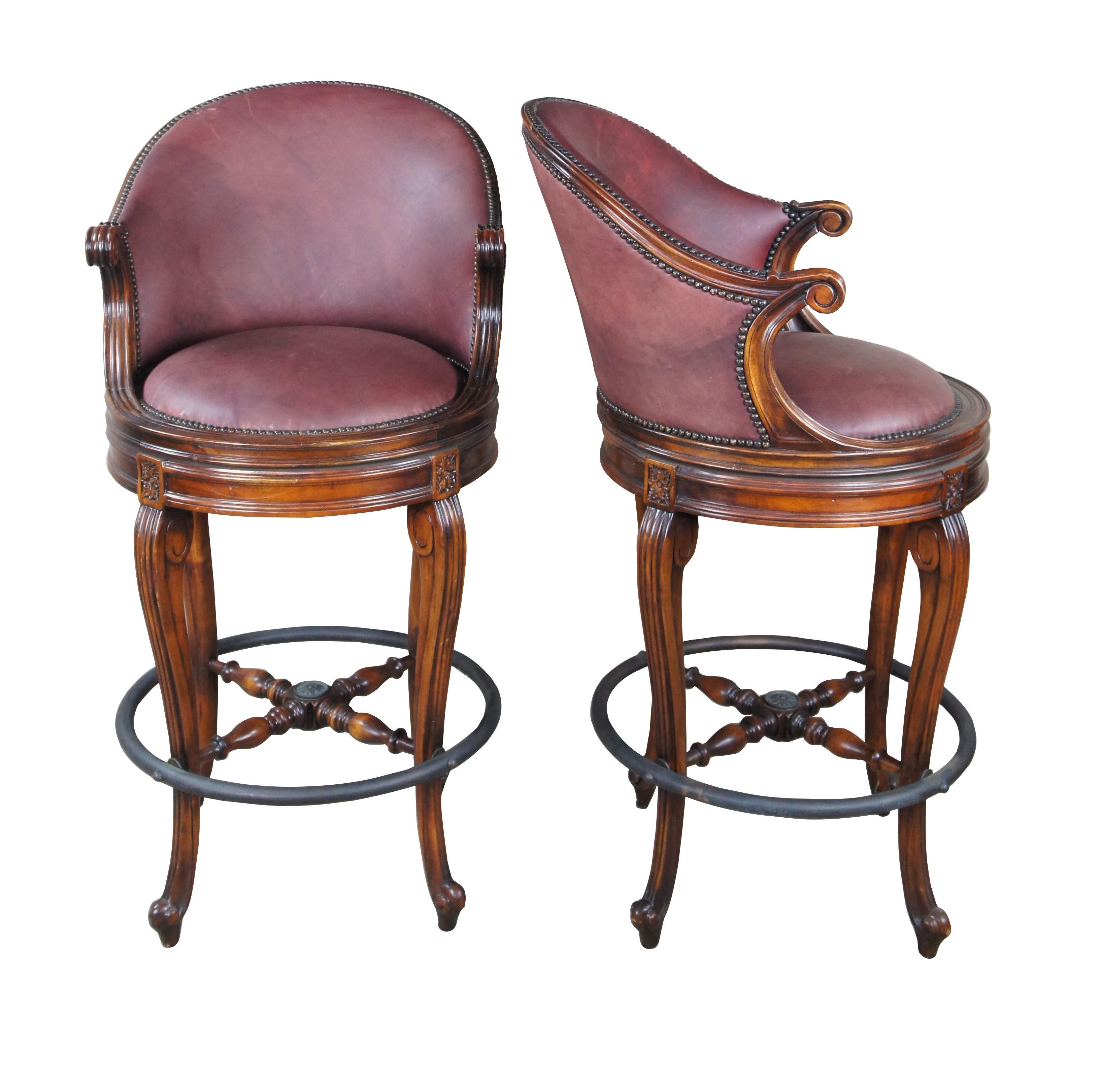 Set of 3 An Evening At Ease by Theodore Alexander.  Inspired by Napoleon III and Louis XV styling.  Features a hand carved mahogany scoop back, a padded red leather upholstered seat, with scroll arms and cabriole legs with a verdigris brass foot