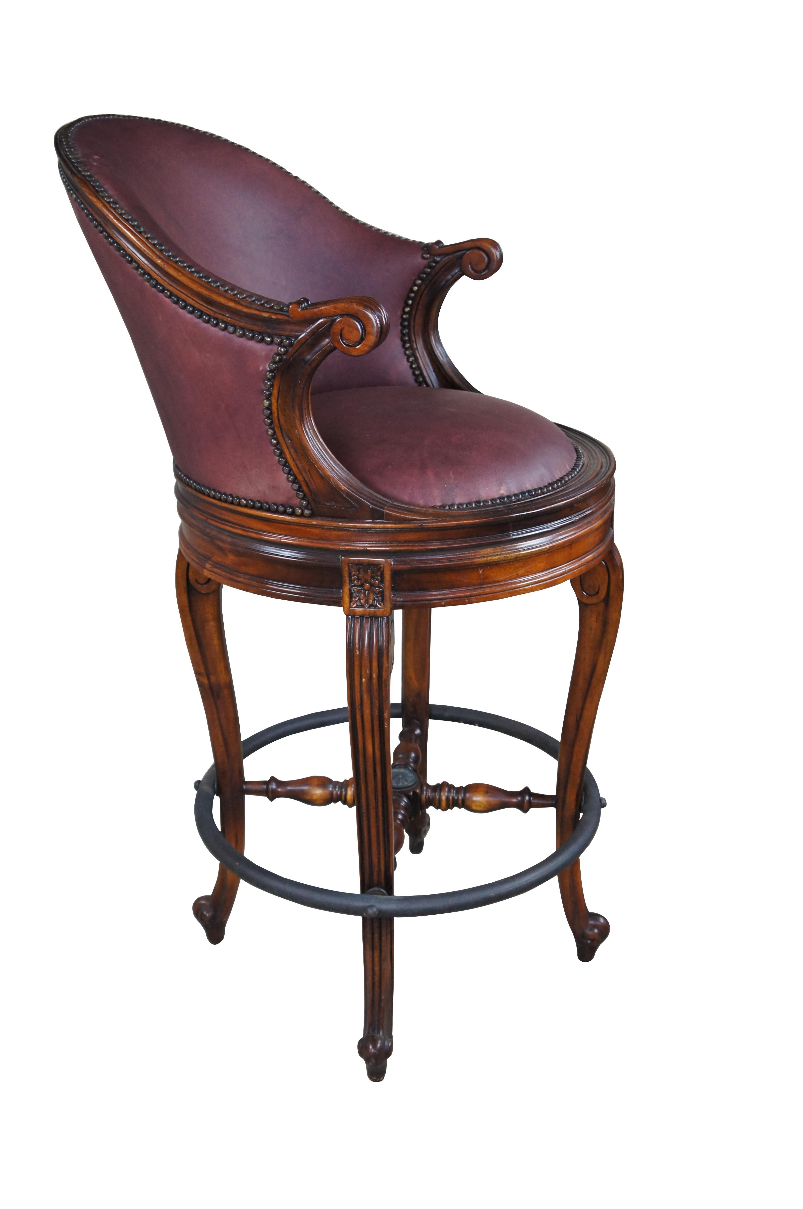 3 Theodore Alexander Napoleon III Mahogany Scoop Back Red Leather Bar Stool In Good Condition For Sale In Dayton, OH