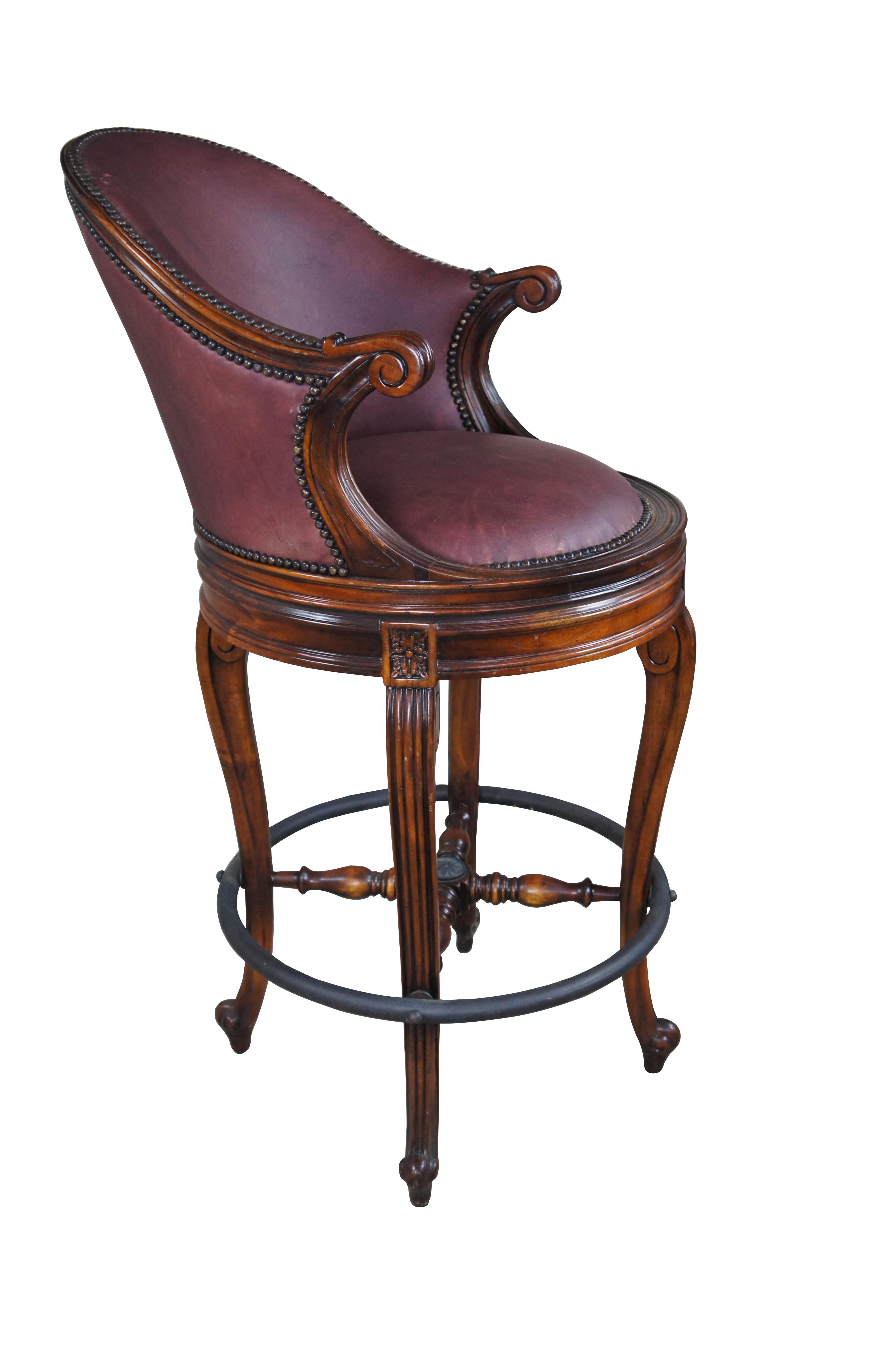 3 Theodore Alexander Napoleon III Mahogany Scoop Back Red Leather Bar Stool In Good Condition In Dayton, OH