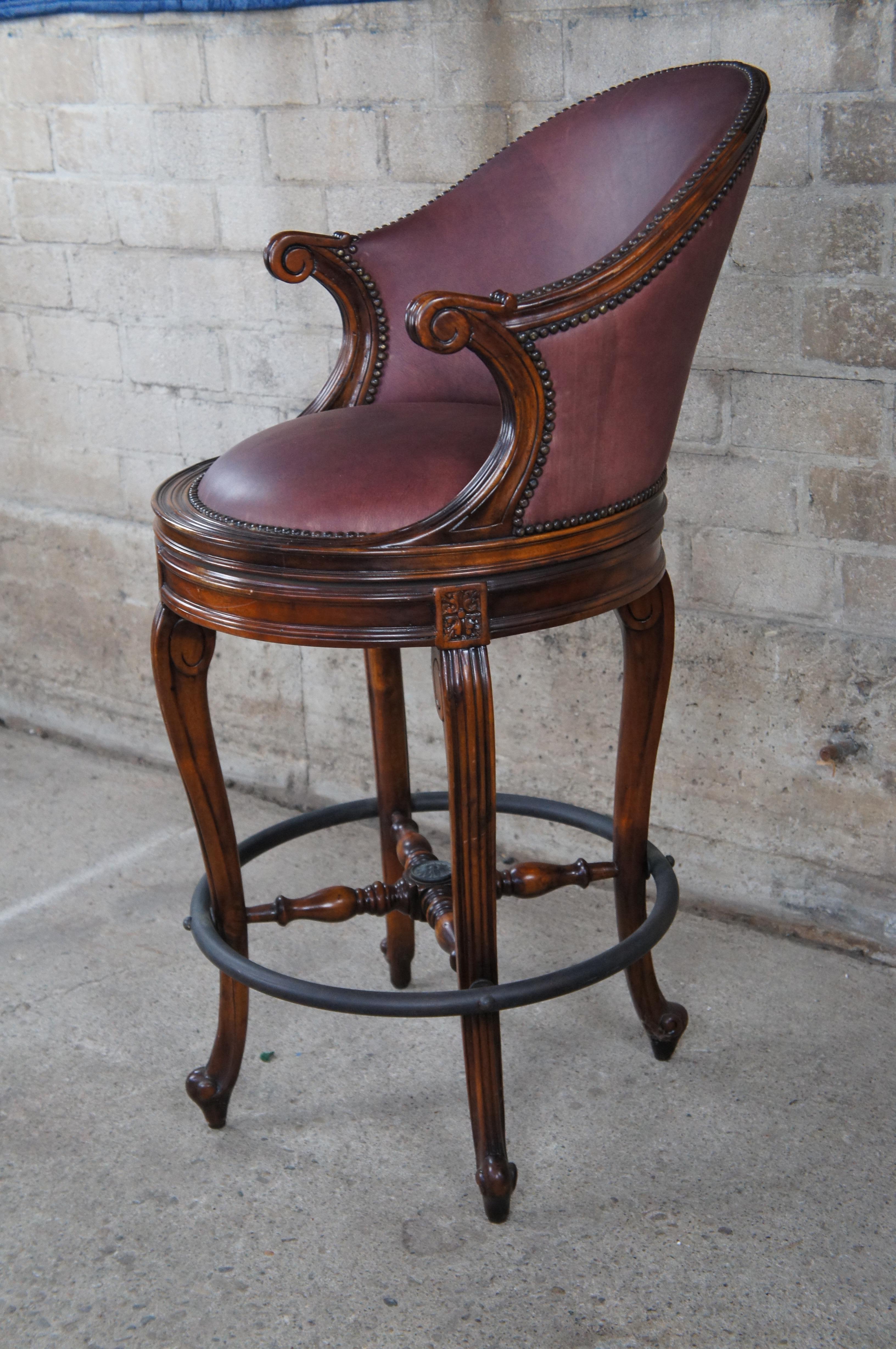 20th Century 3 Theodore Alexander Napoleon III Mahogany Scoop Back Red Leather Bar Stool For Sale