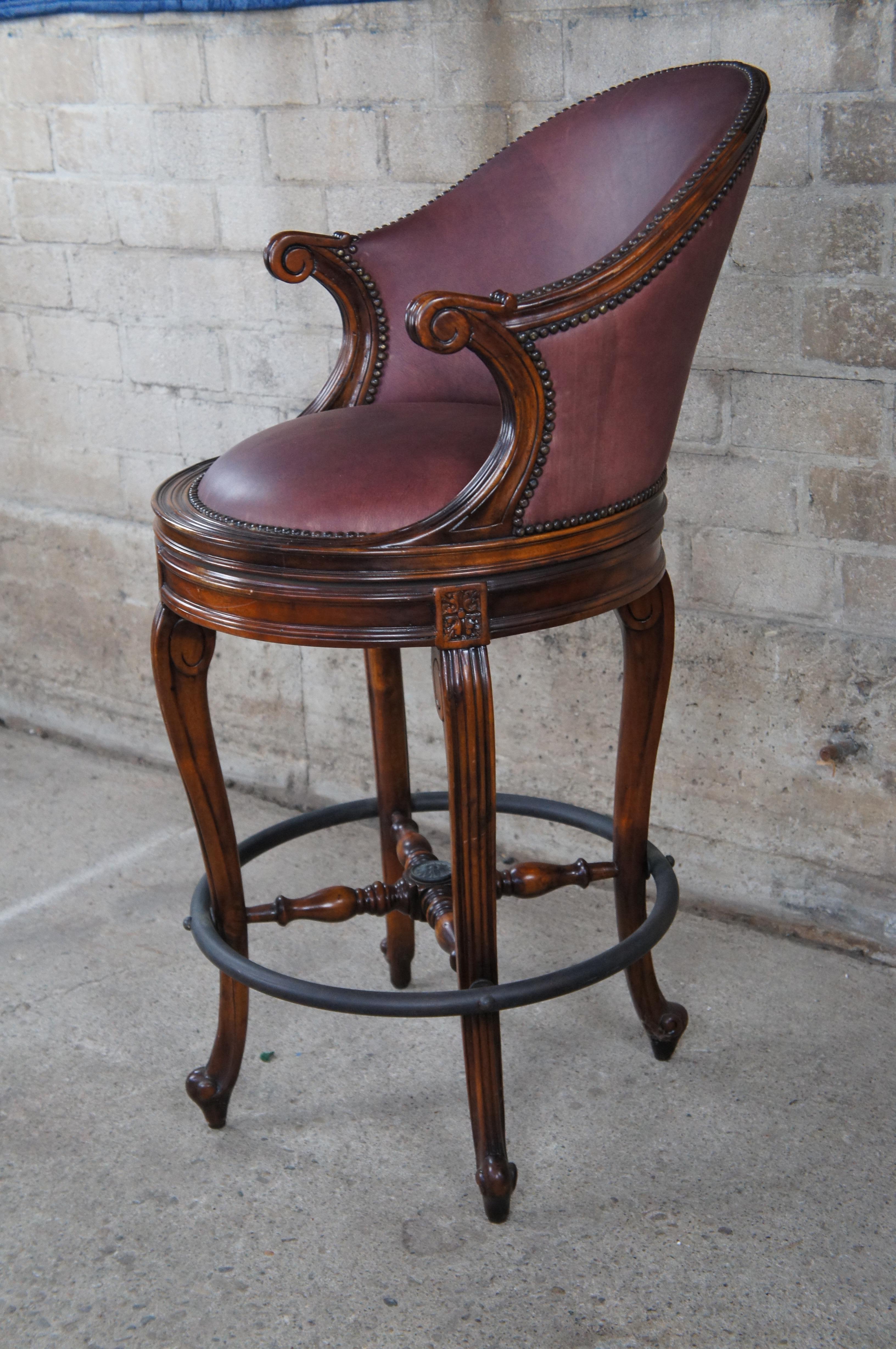 20th Century 3 Theodore Alexander Napoleon III Mahogany Scoop Back Red Leather Bar Stool
