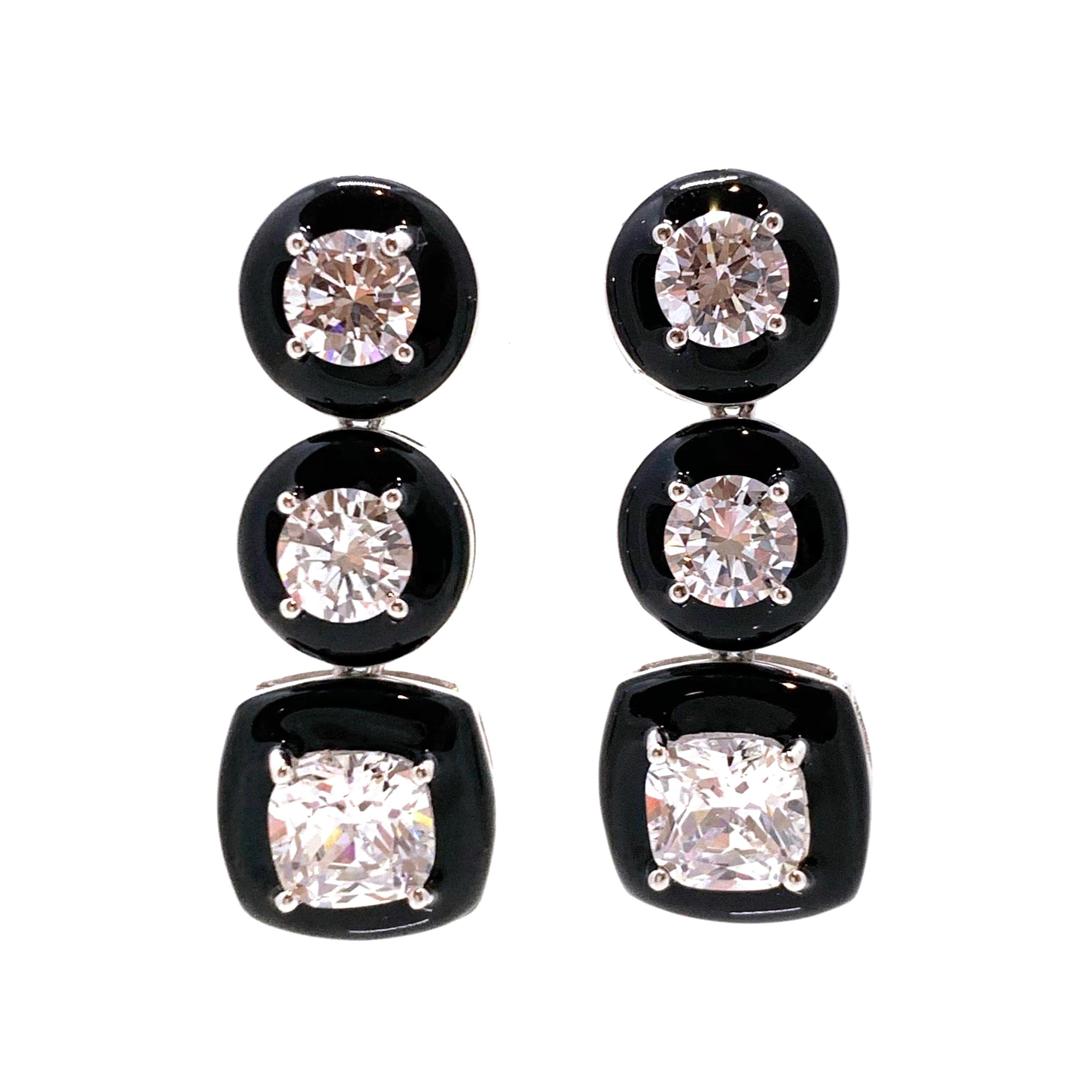 Contemporary 3-Tier Black Enamel Simulated Diamond Dangle Sterling Silver Earrings