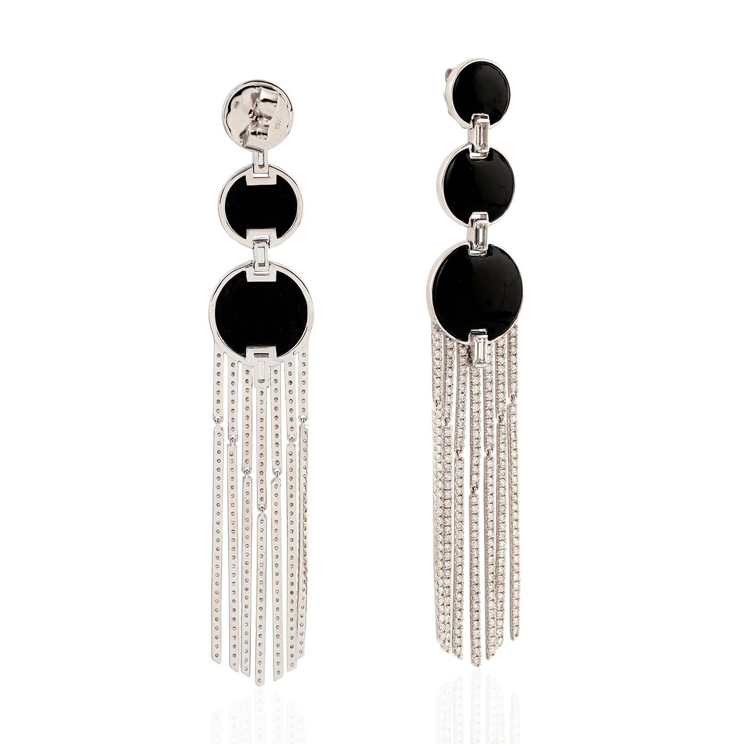 Art Deco 3 Tier Black Onyx Dangle Earrings With Diamond Tassels For Sale