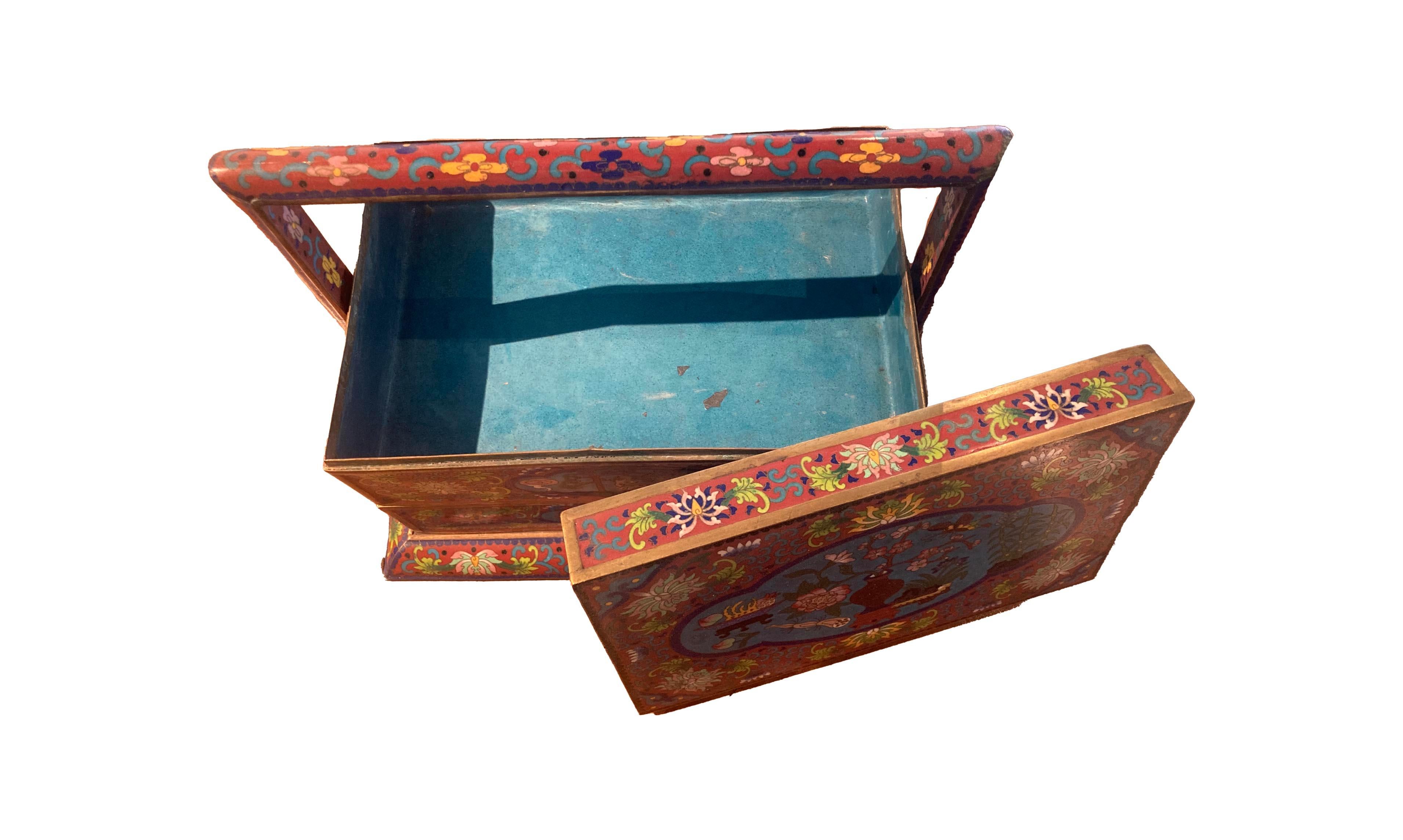 3-tiers of removable compartments create a large and unique cloisonne piece. Could have been used for storing tea or jewelry and features an elaborate colorful design with Chinese lotus and animals such as native Crane and a deer.