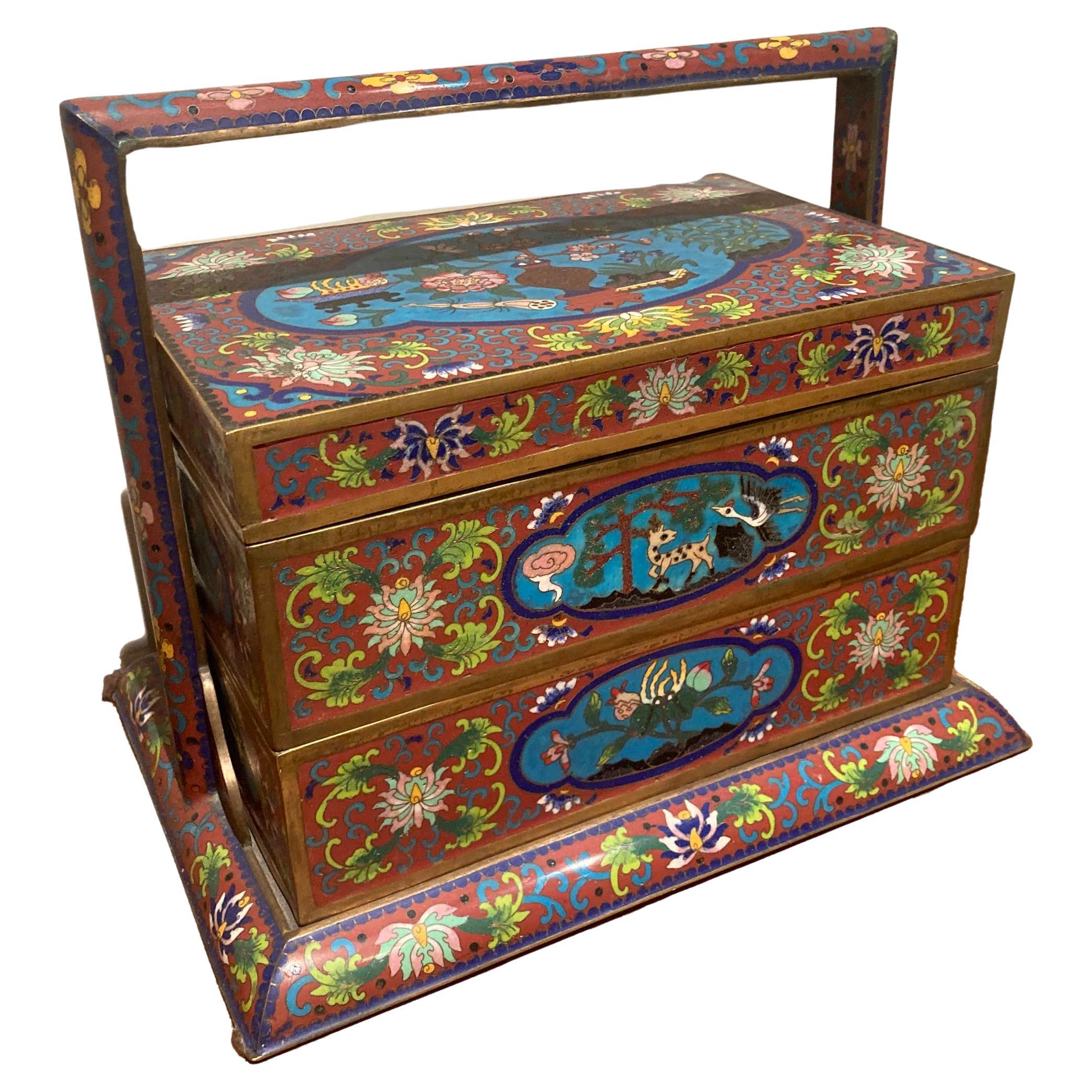3-Tier Cloisonne Chinese Box with Handle For Sale