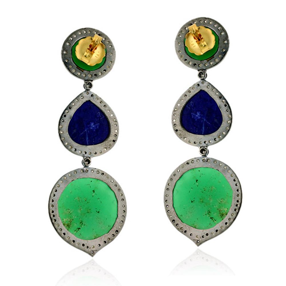 Contemporary 3 Tier Crysophase & Lapis Dangle Earring with Pave Diamonds in 18k Gold & Silver For Sale