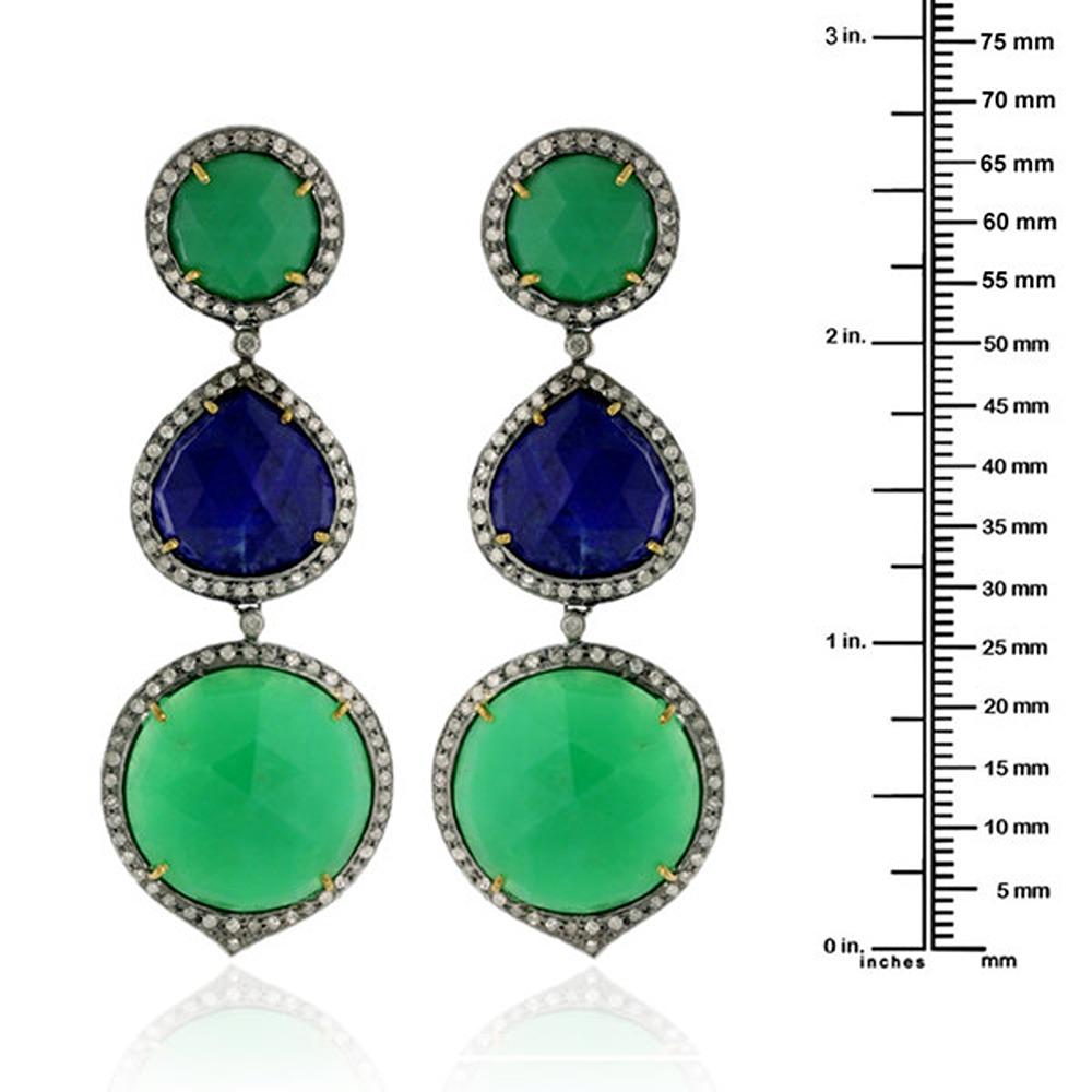 Mixed Cut 3 Tier Crysophase & Lapis Dangle Earring with Pave Diamonds in 18k Gold & Silver For Sale