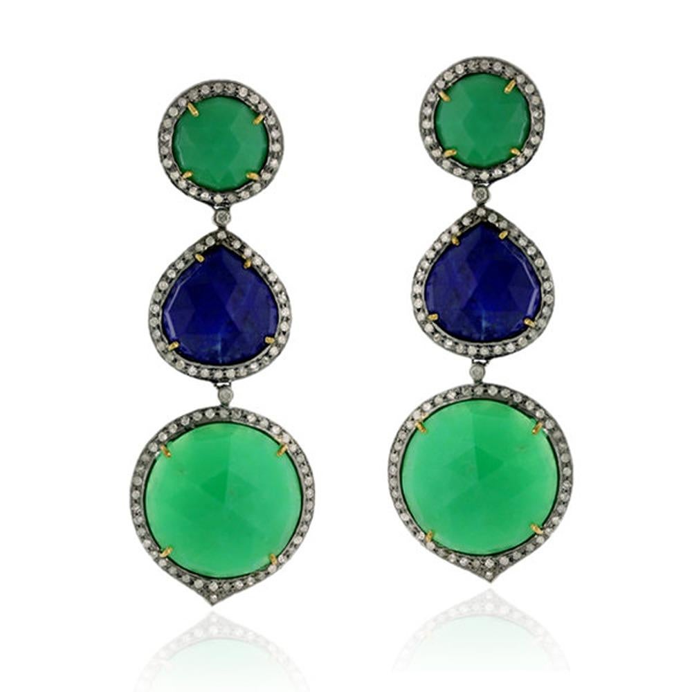 3 Tier Crysophase & Lapis Dangle Earring with Pave Diamonds in 18k Gold & Silver In New Condition For Sale In New York, NY