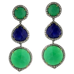 3 Tier Crysophase & Lapis Dangle Earring with Pave Diamonds in 18k Gold & Silver