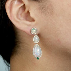 3 Tier Ethiopian Opal Dangle Earrings With Emerald Made In 18k Yellow Gold