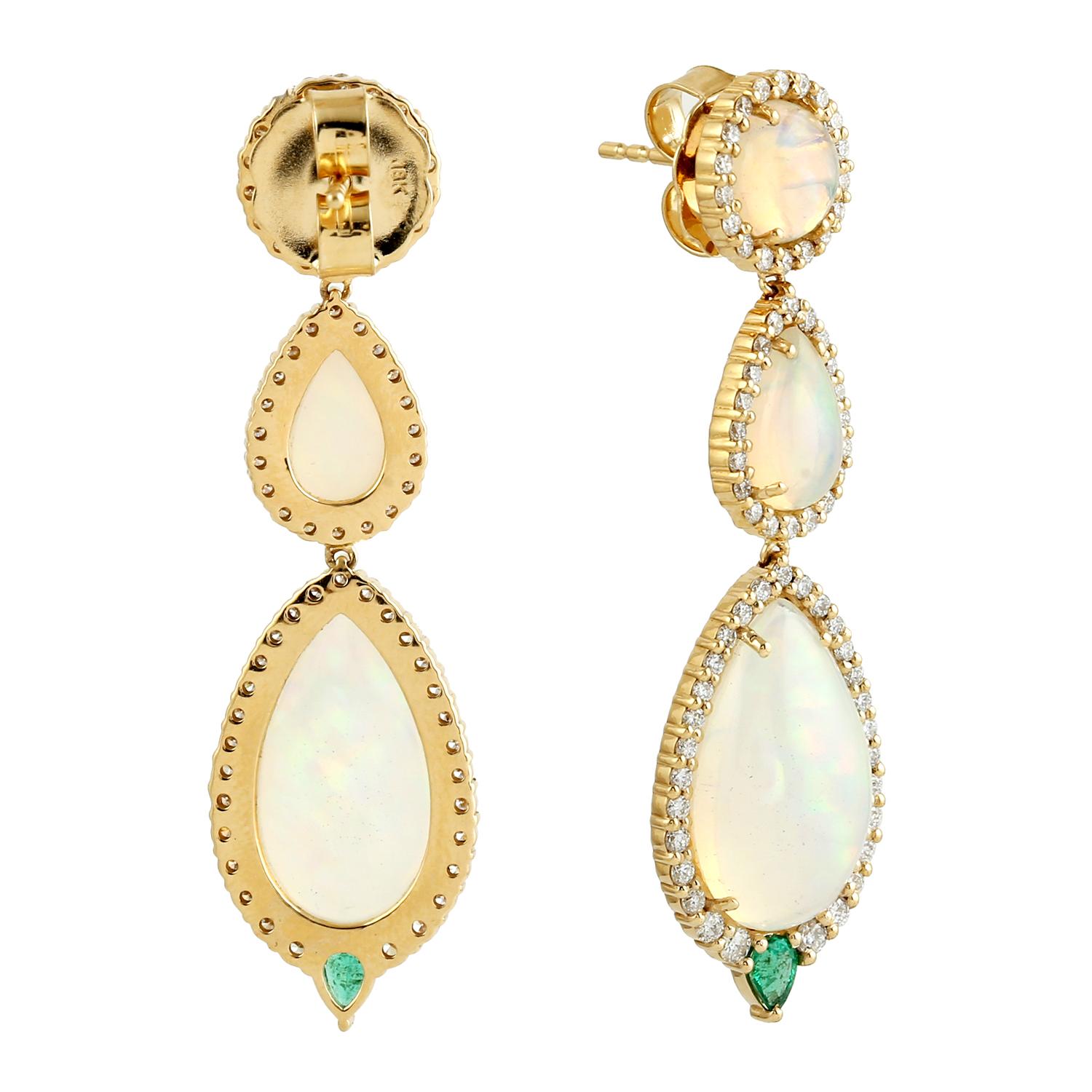Art Deco 3 Tier Ethiopian Opal Dangle Earrings With Emerald Made In 18k Yellow Gold For Sale