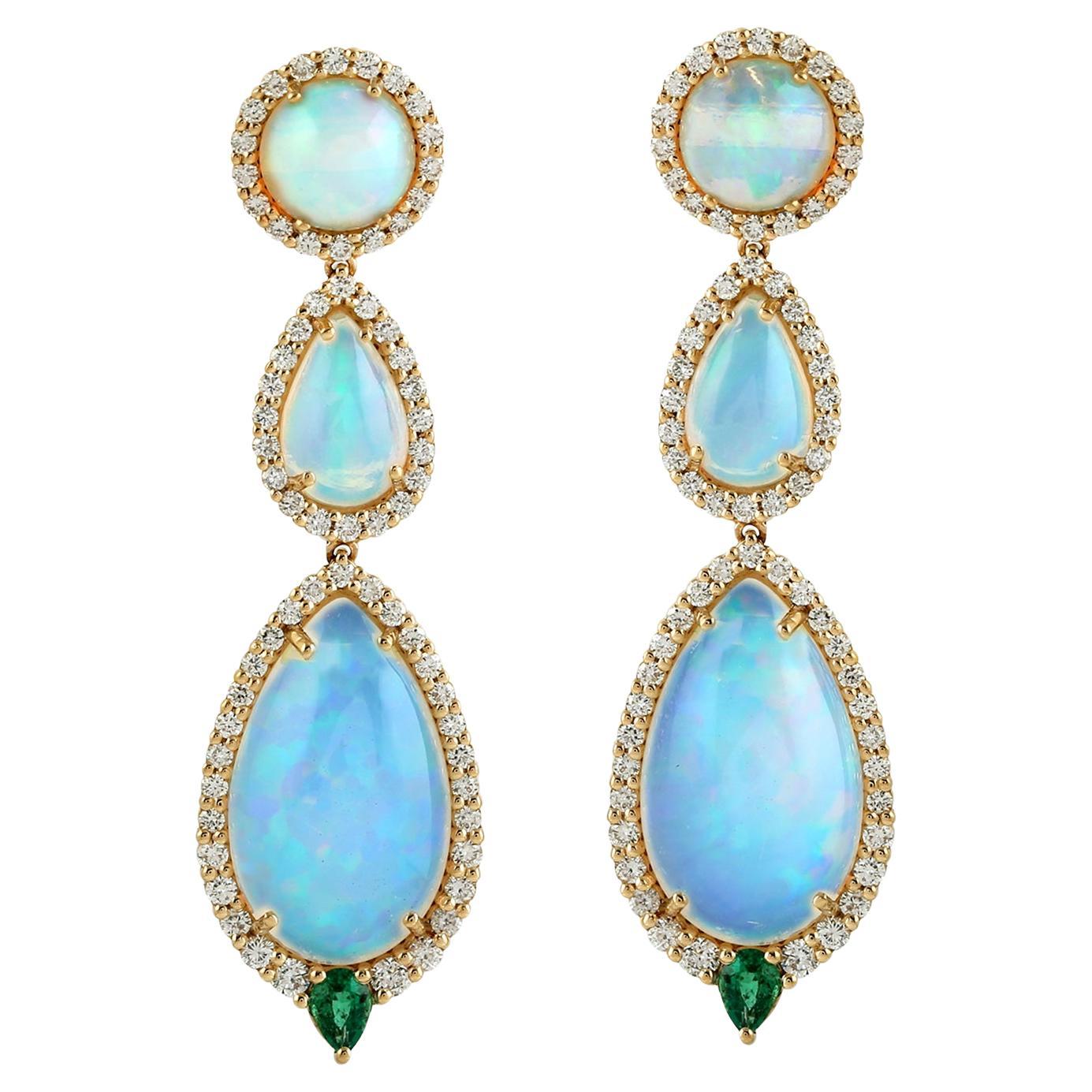 3 Tier Ethiopian Opal Dangle Earrings With Emerald Made In 18k Yellow Gold For Sale