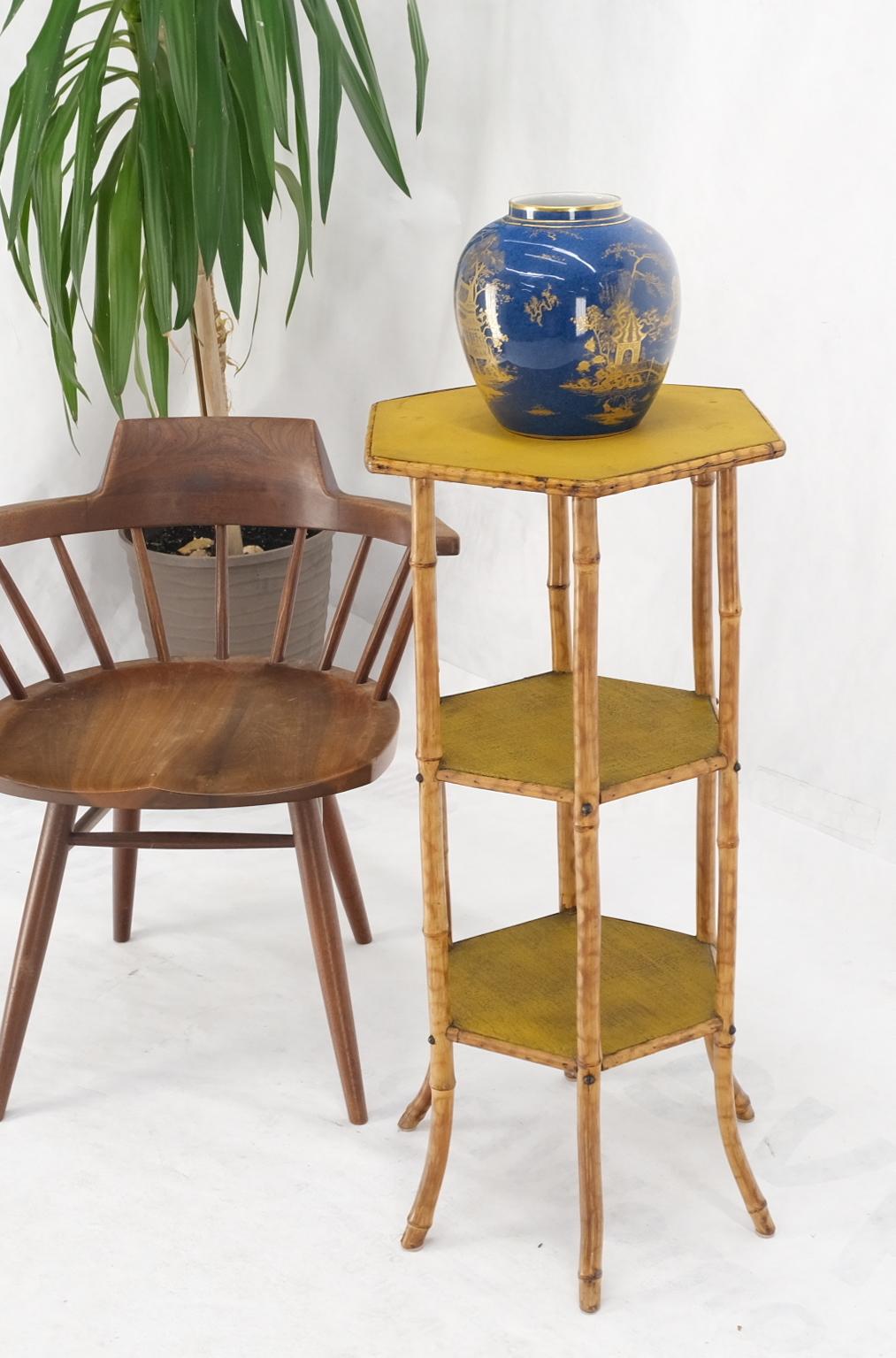 3 Tier grass cloth hexagon burnt bamboo antique pedestal candle lamp table stand.