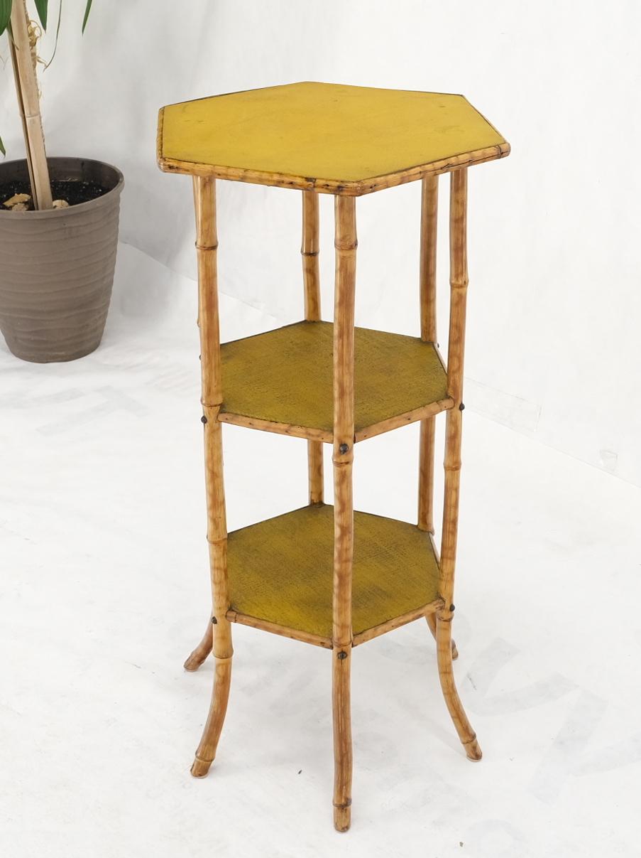 Painted 3 Tier Grass Cloth Hexagon Burnt Bamboo Antique Pedestal Candle Lamp Table Stand For Sale