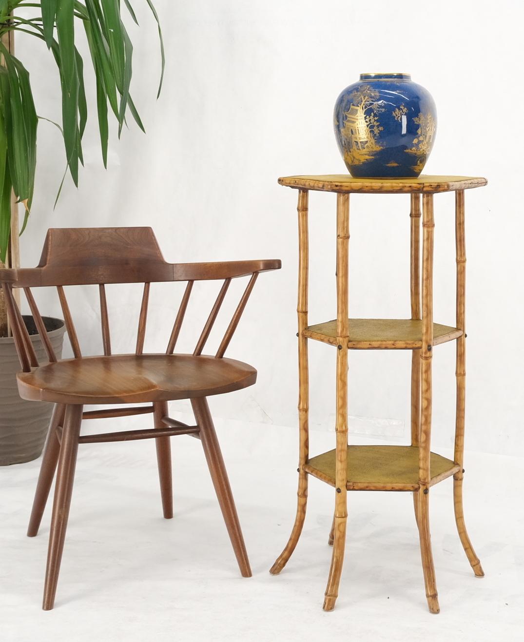 3 Tier Grass Cloth Hexagon Burnt Bamboo Antique Pedestal Candle Lamp Table Stand In Good Condition For Sale In Rockaway, NJ