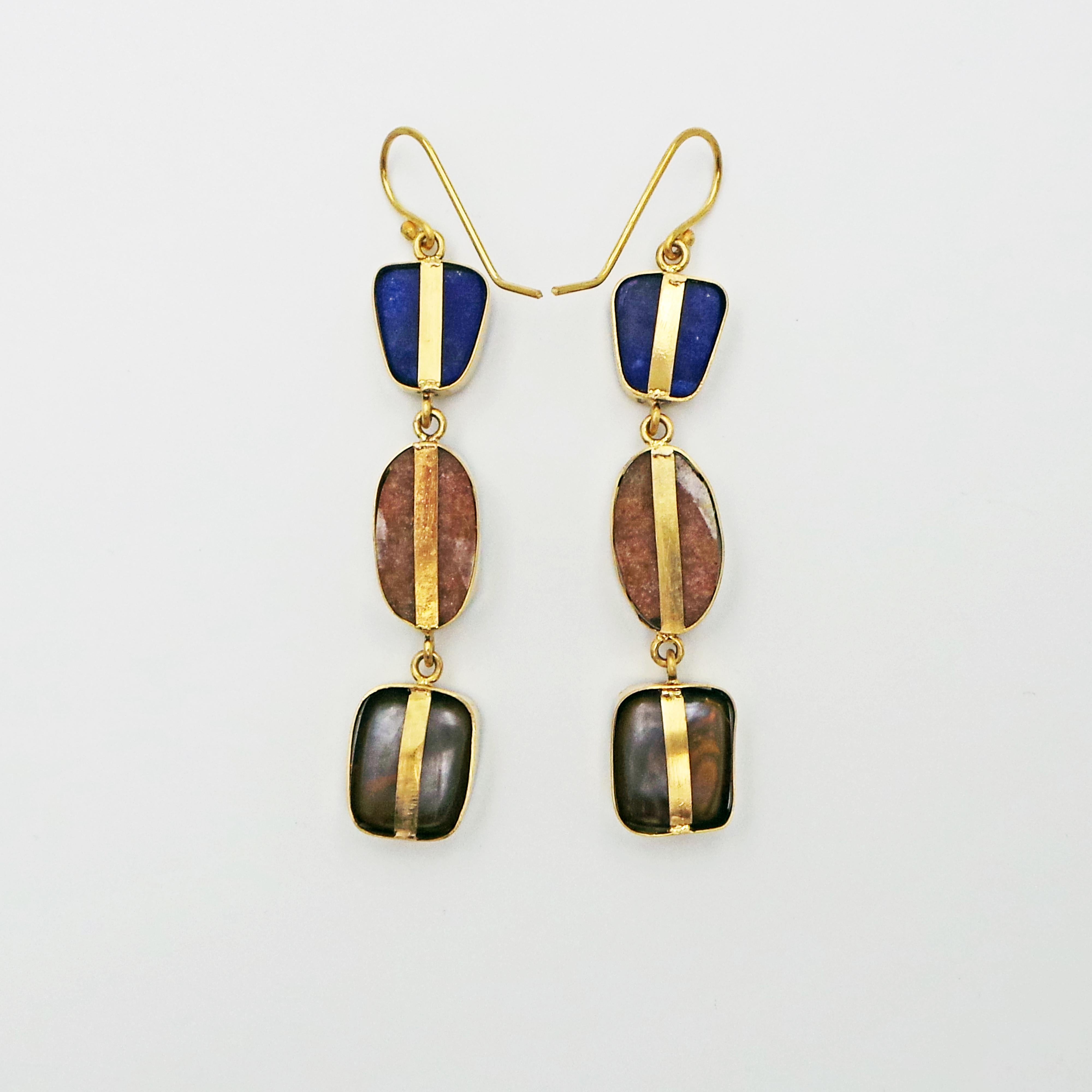 Contemporary and bohemian 3-tier 22k yellow gold dangle earrings featuring Lapis Lazuli, Australian Boulder Opal, and Carico Lake Turquoise (from the closed mine in Nevada, USA) gemstones. Dangle earrings are 2.75 inches in length. Gorgeous,