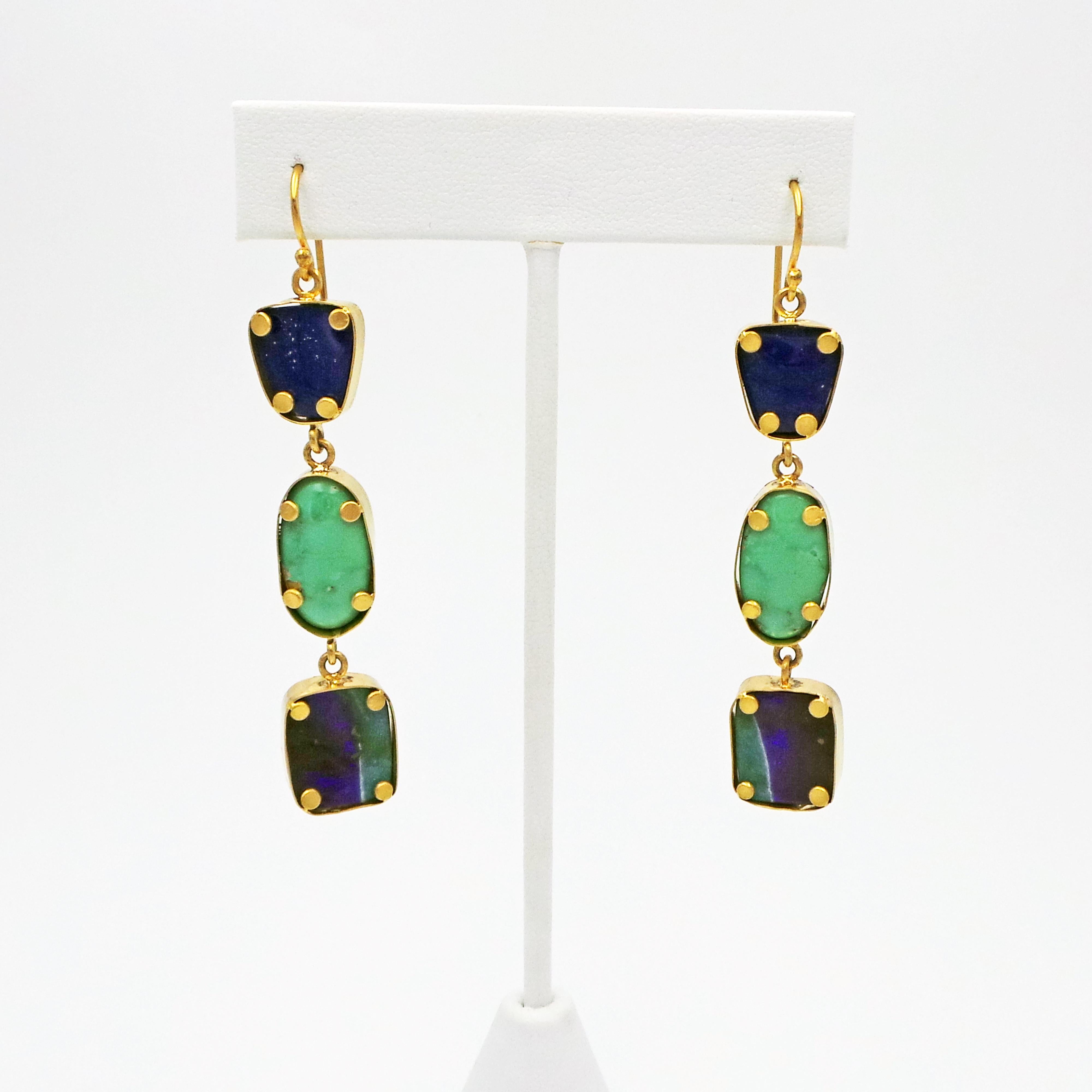 Contemporary 3-Tier Lapis Lazuli, Turquoise and Boulder Opal Gold Dangle Earrings For Sale