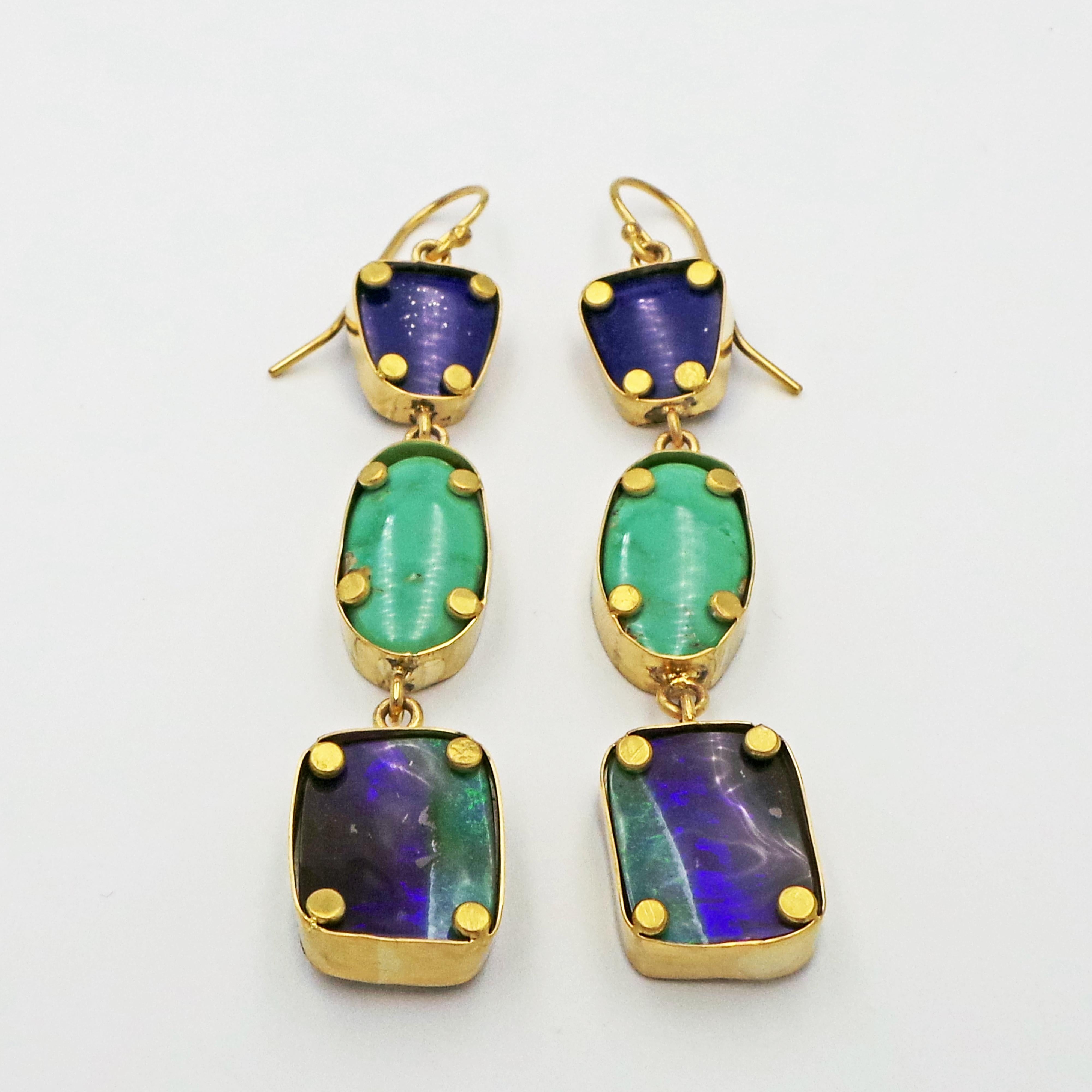 Cabochon 3-Tier Lapis Lazuli, Turquoise and Boulder Opal Gold Dangle Earrings For Sale