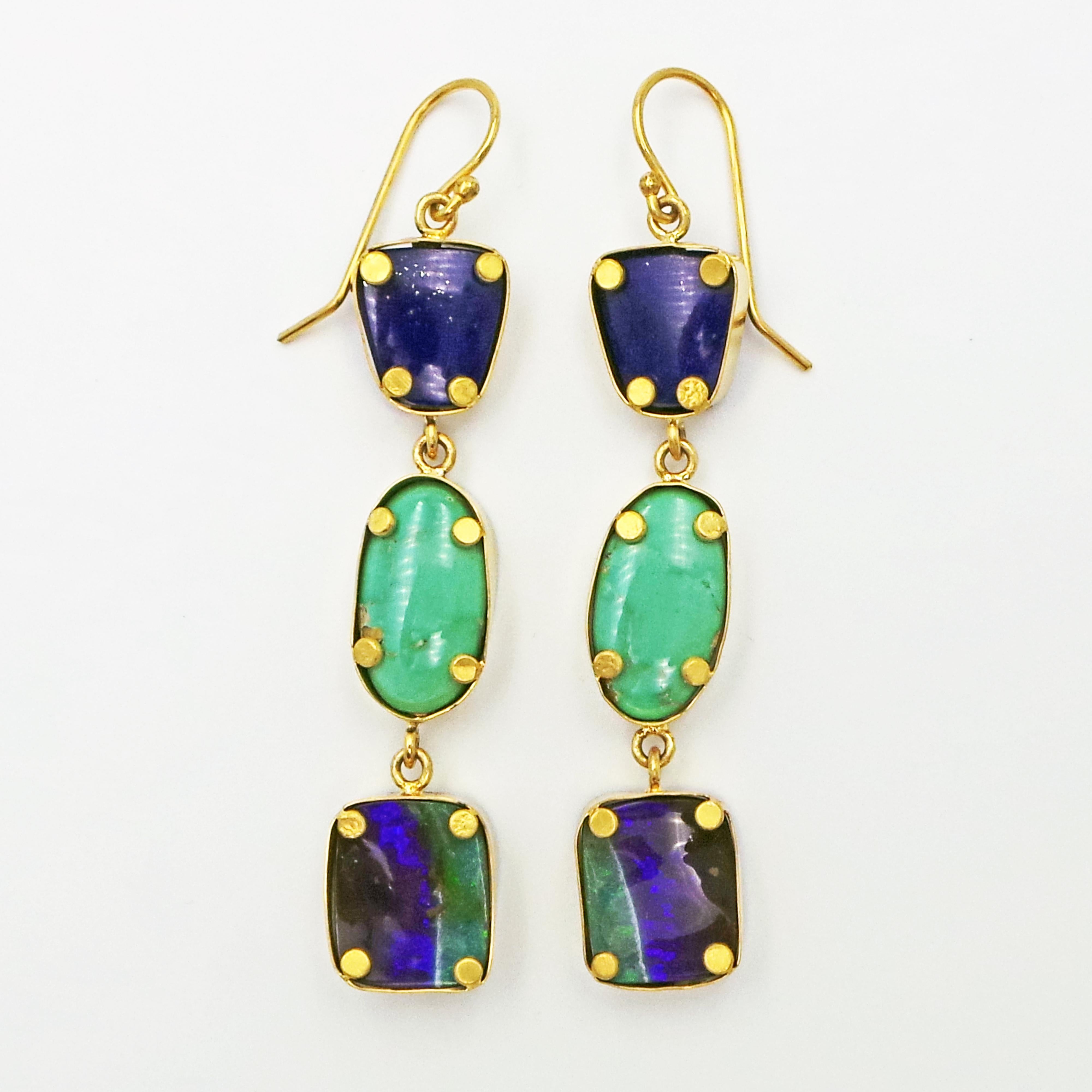 3-Tier Lapis Lazuli, Turquoise and Boulder Opal Gold Dangle Earrings In New Condition For Sale In Naples, FL