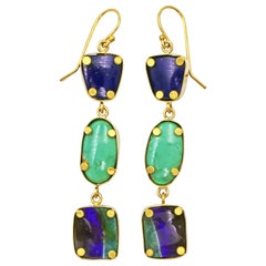 3-Tier Lapis Lazuli, Turquoise and Boulder Opal Gold Dangle Earrings