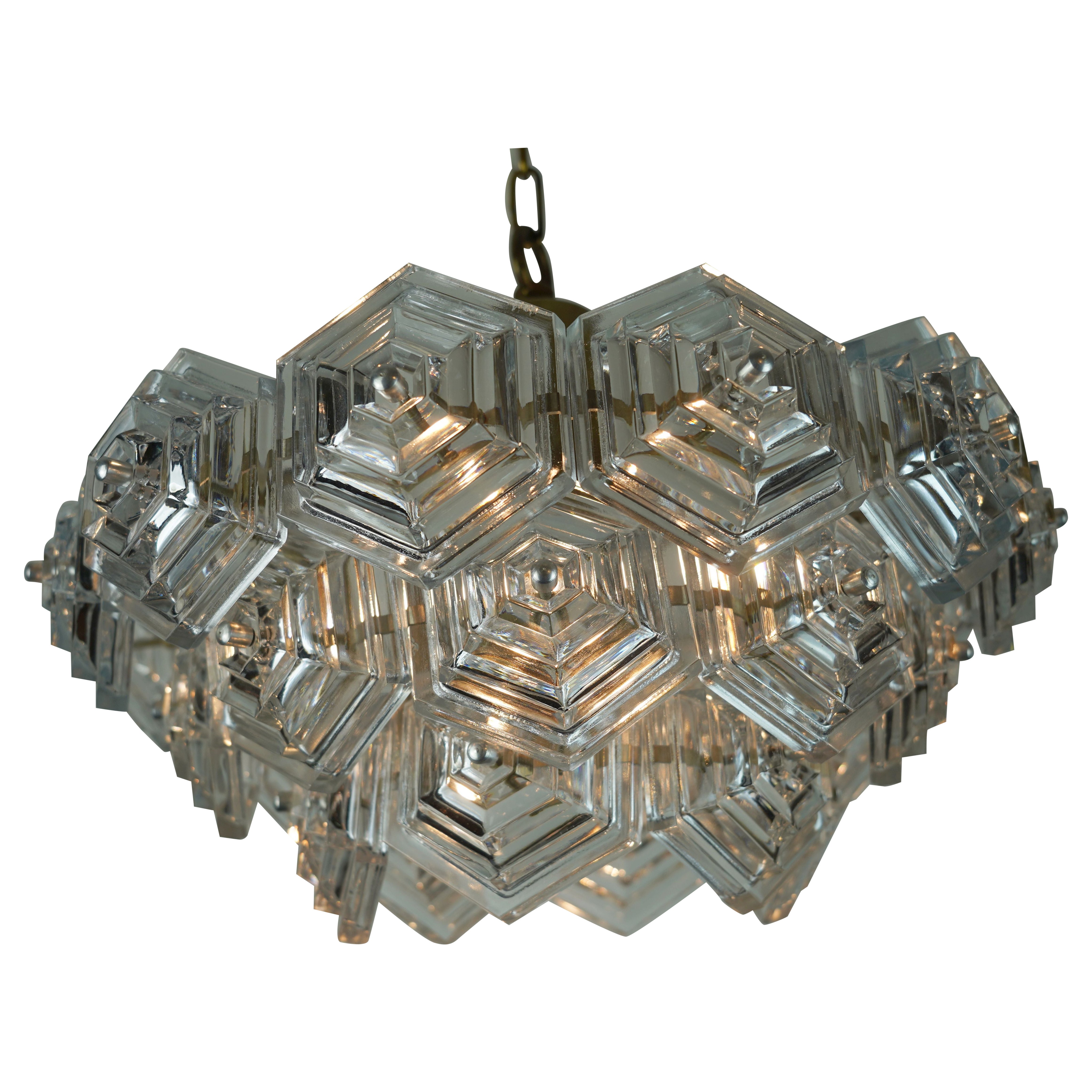 3-tier mid century PENDANT LIGHT with 27 hexagonal glass panels 1960s 70s