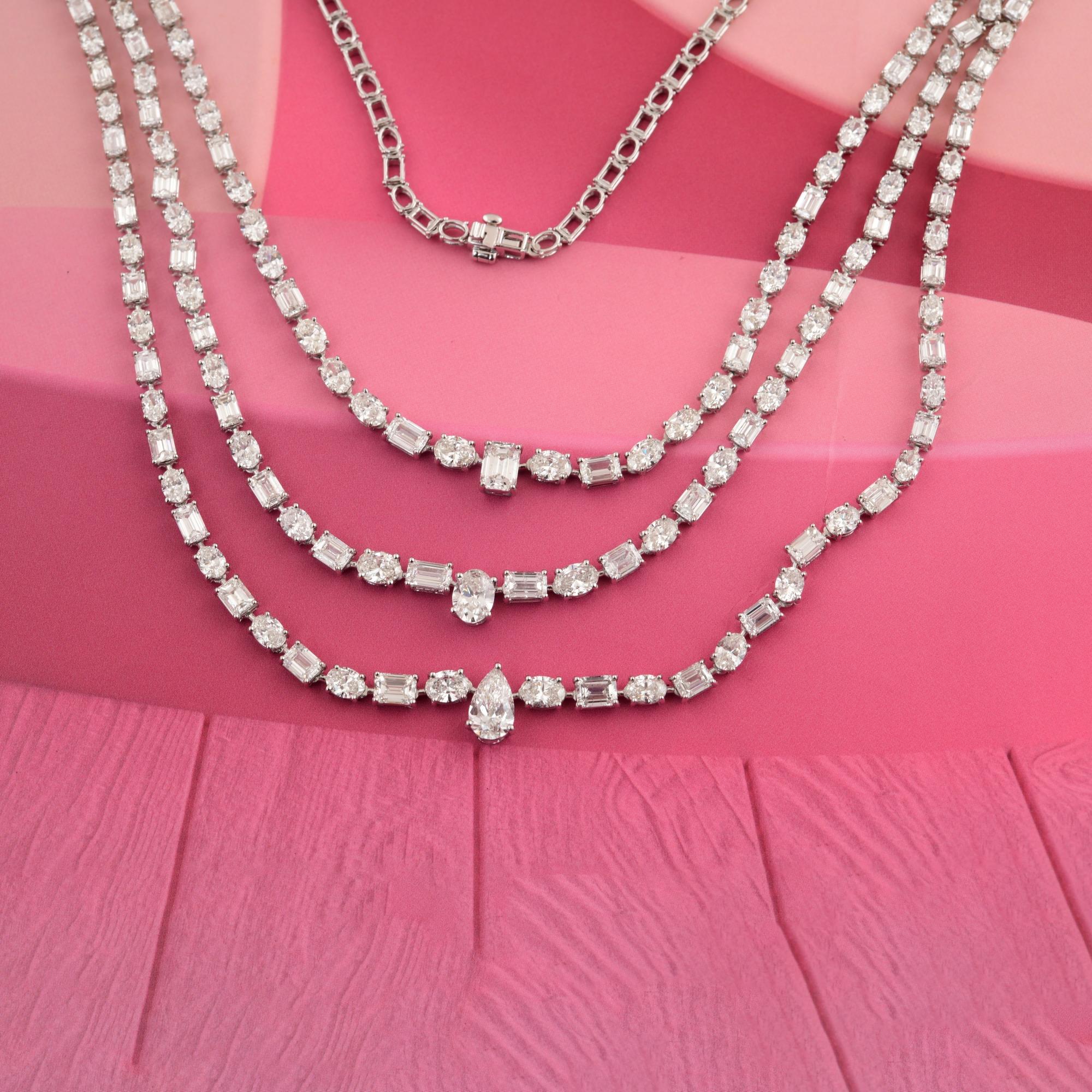 Donna Collana nuziale con diamanti a 3 livelli e forma multipla da 29,75 carati per la sposa in oro bianco 14K in vendita
