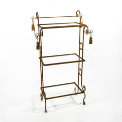 3-Tier Vintage Italian Gold Gilt Metal Tassle Rope Glass Display Shelf