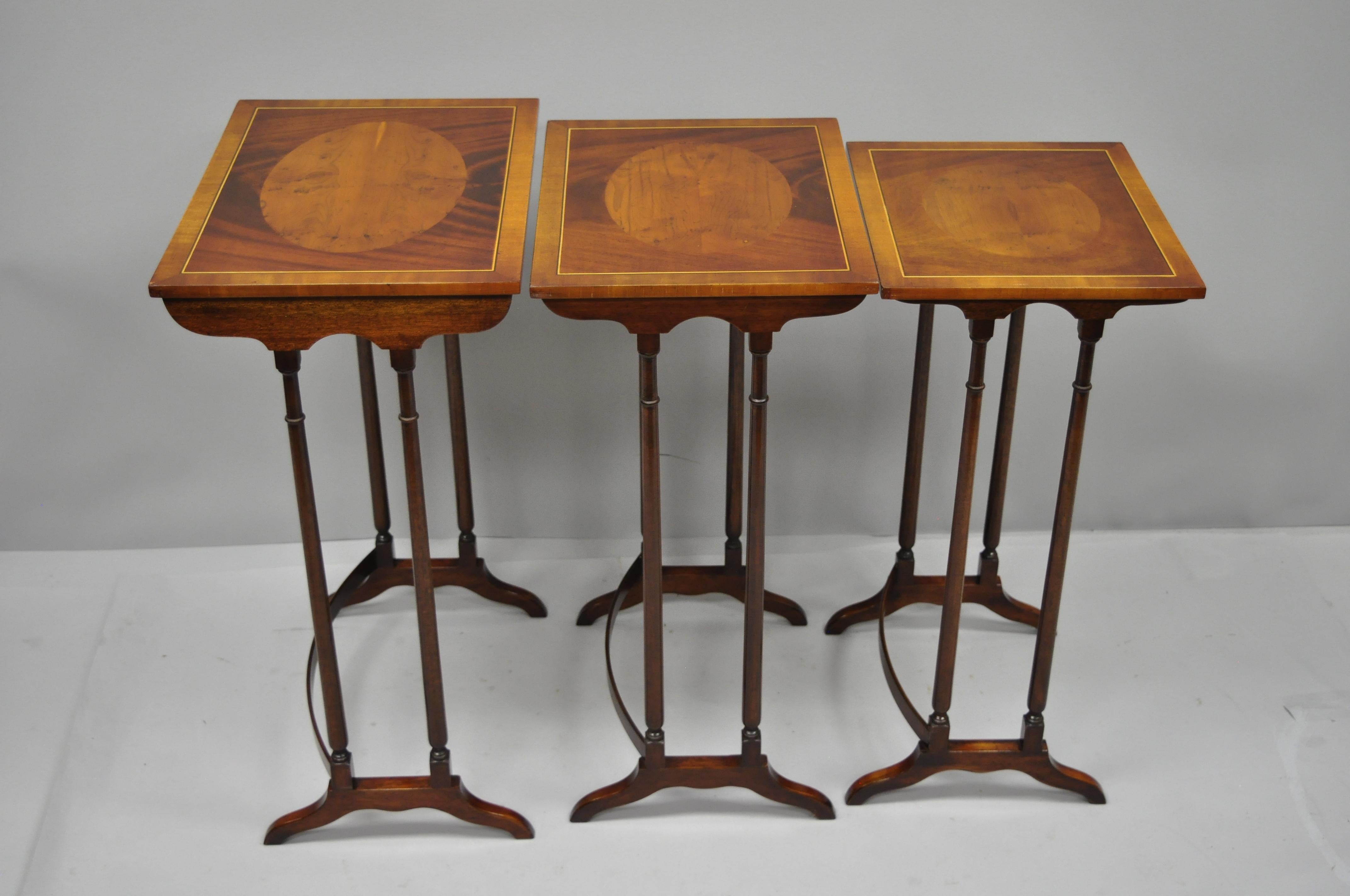 3-Tier Yew Wood & Mahogany English Regency Style Inlaid Nesting End Side Tables 7