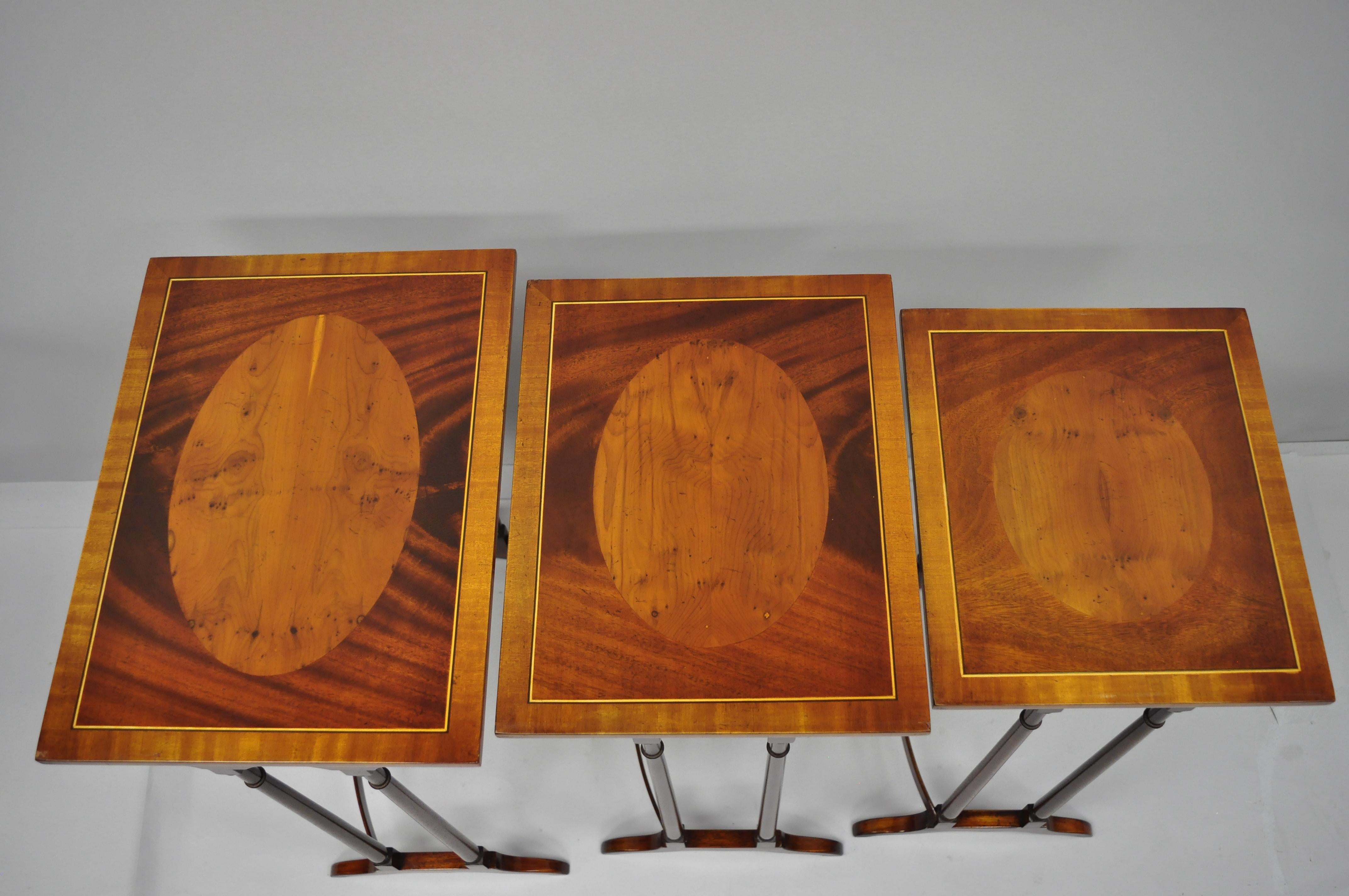 3-Tier Yew Wood & Mahogany English Regency Style Inlaid Nesting End Side Tables In Good Condition In Philadelphia, PA