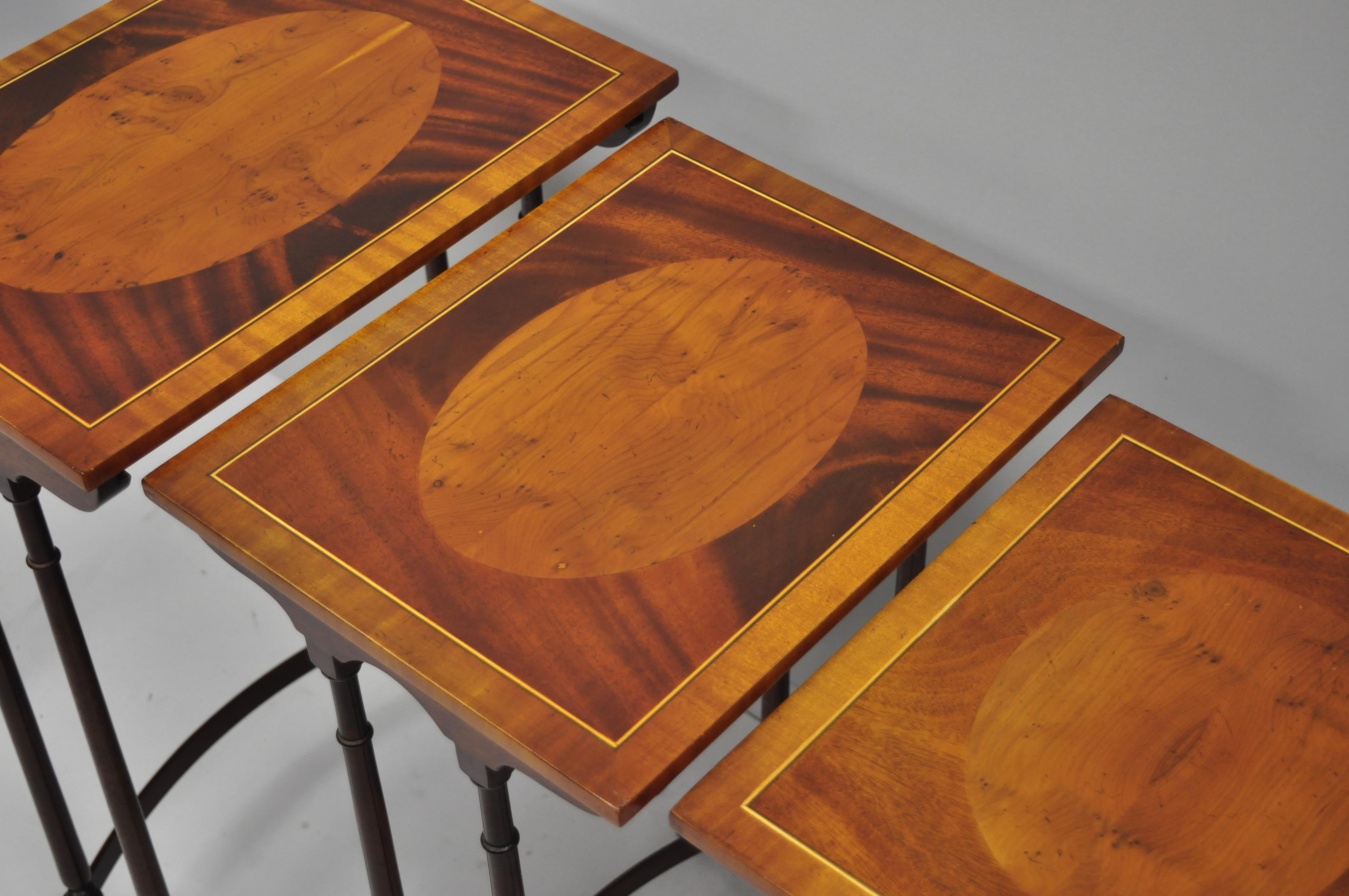 3-Tier Yew Wood & Mahogany English Regency Style Inlaid Nesting End Side Tables 1