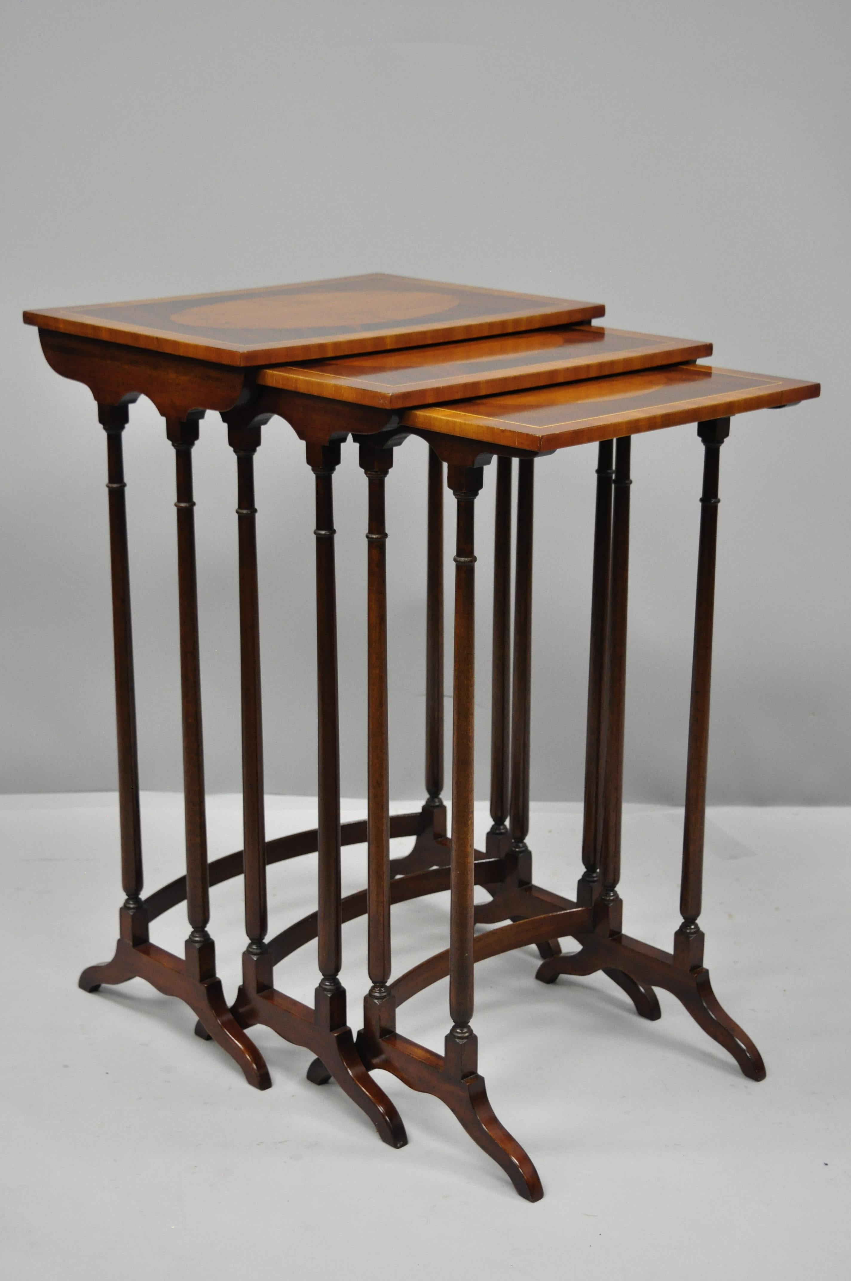 3-Tier Yew Wood & Mahogany English Regency Style Inlaid Nesting End Side Tables 4