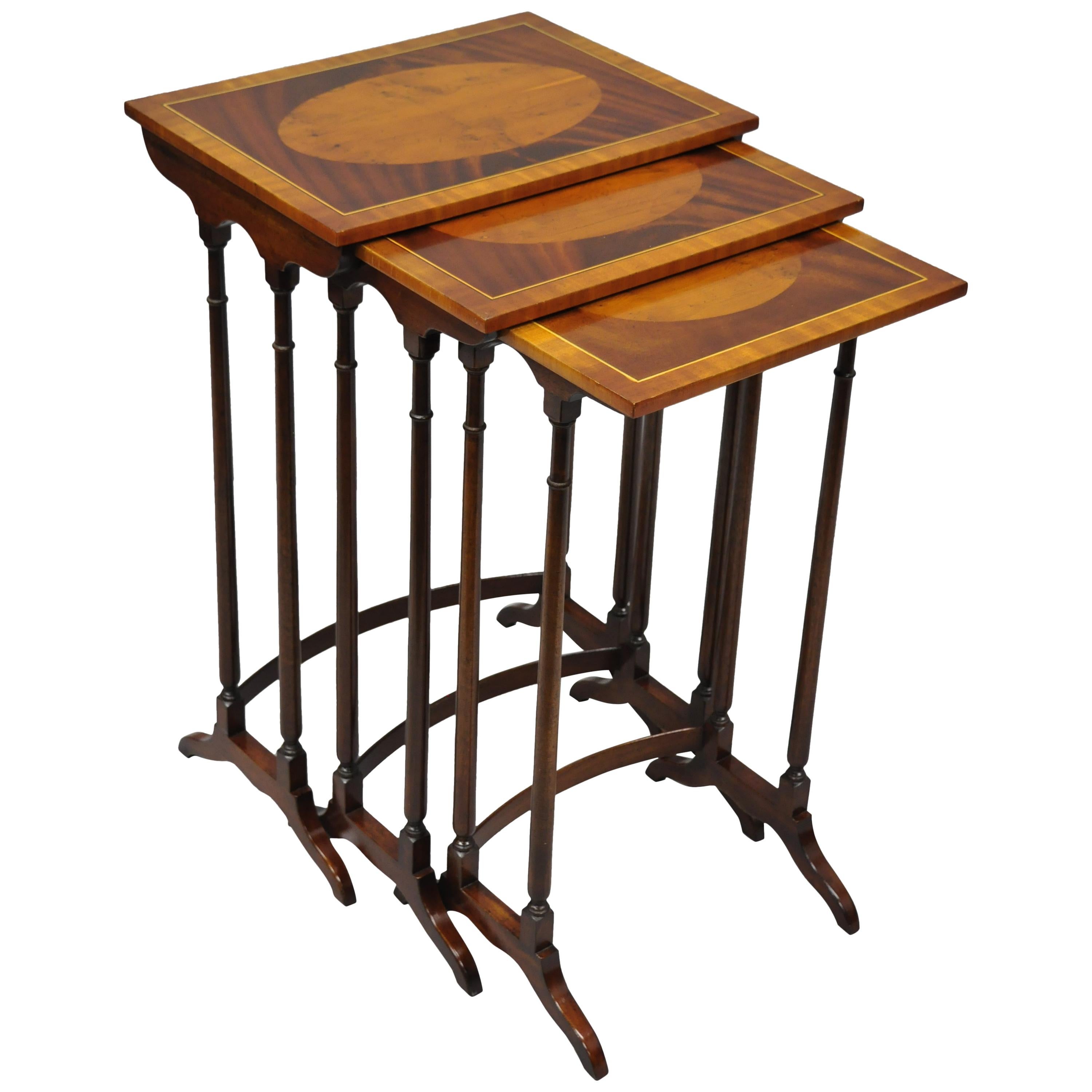 3-Tier Yew Wood & Mahogany English Regency Style Inlaid Nesting End Side Tables